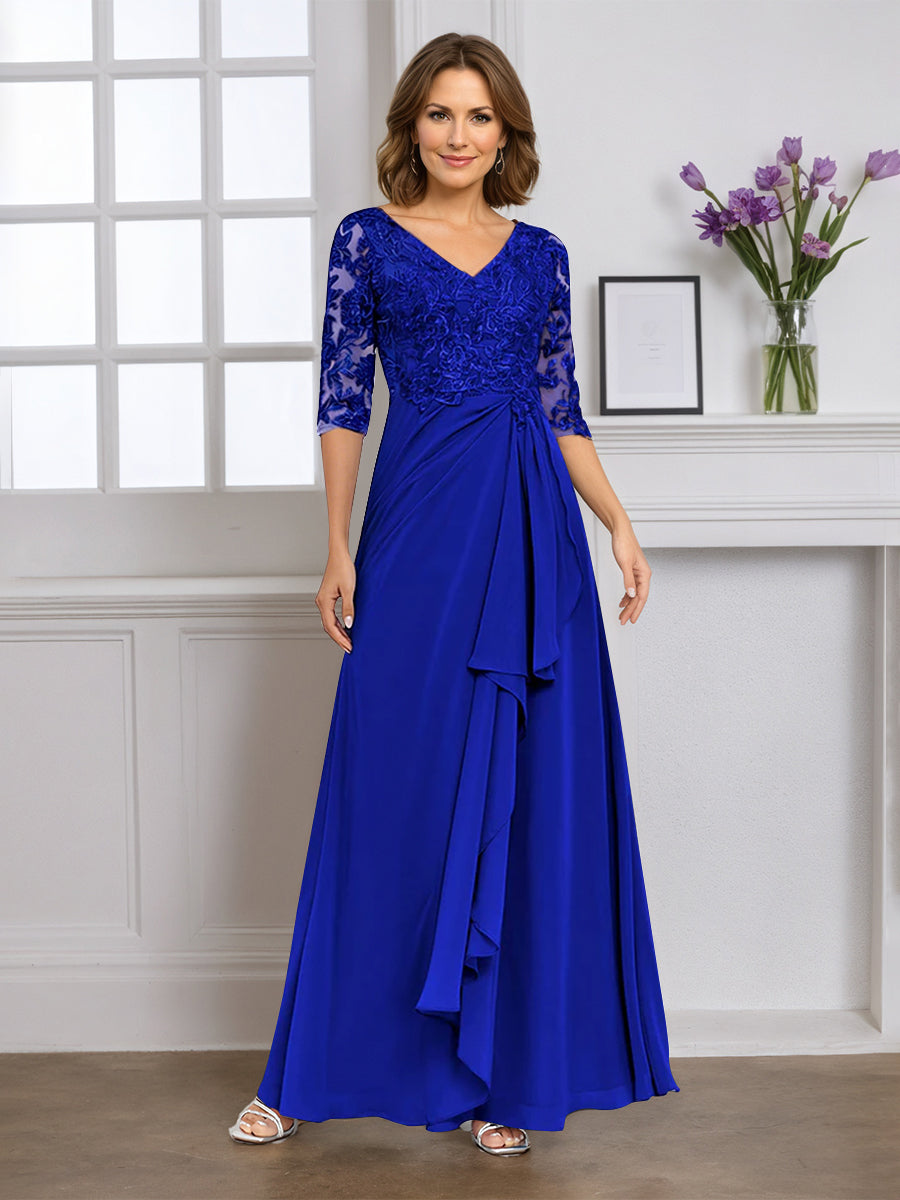 Cicinia Royal Blue Mother Of The Bride Dress Half Sleeves Long Chiffon Lace A-line V-neck Floor Length Gowns Cicinia Royal Blue Mother Of The Bride Dress Half Sleeves Long Chiffon Lace A-line V-neck Floor Length Gowns