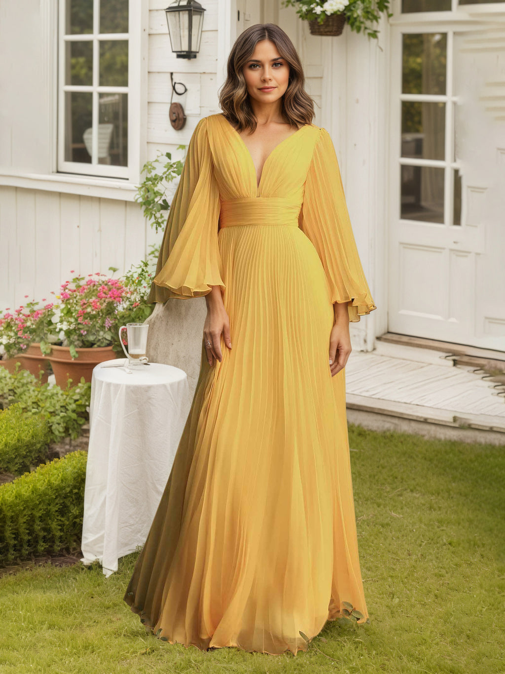 Yellow Mother Of The Bride Dresses Pleated Chiffon Long Sleeves Mother Of Bride Dress