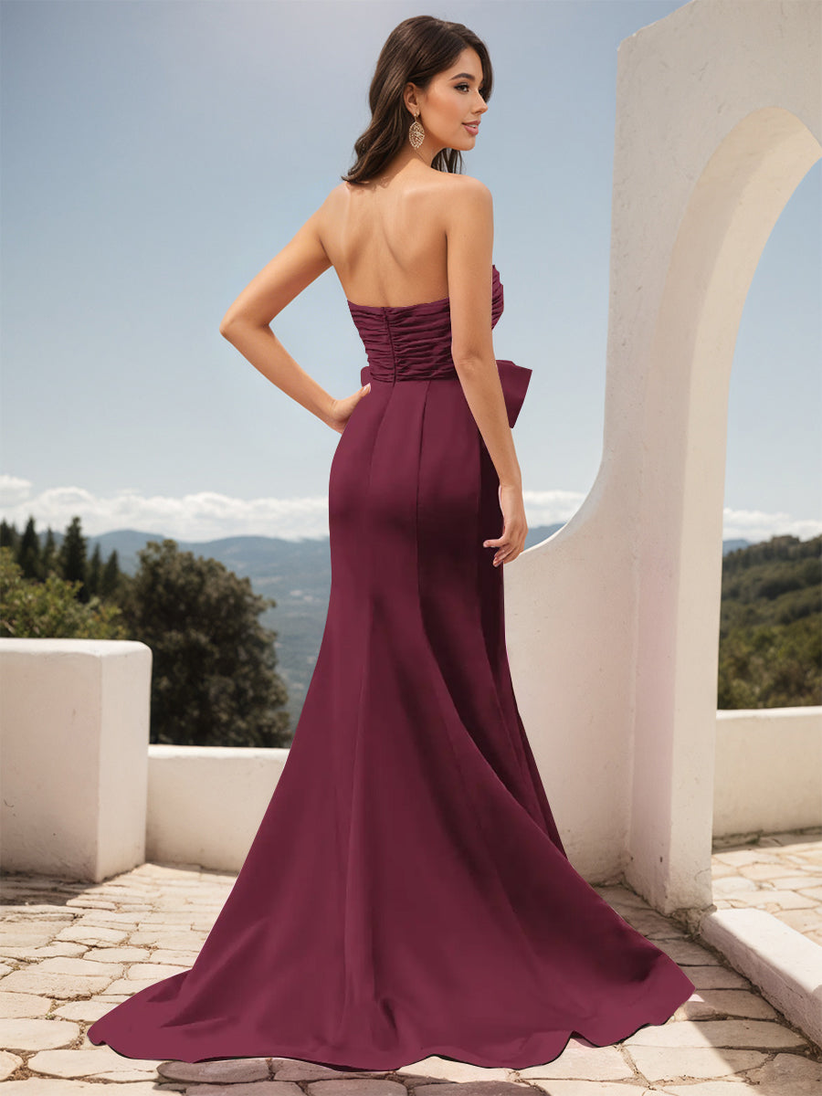 Cicinia Mulberry Prom Dresses Long Stretch Fabric Sheath Slit Strapless Gowns With Big Bowknot