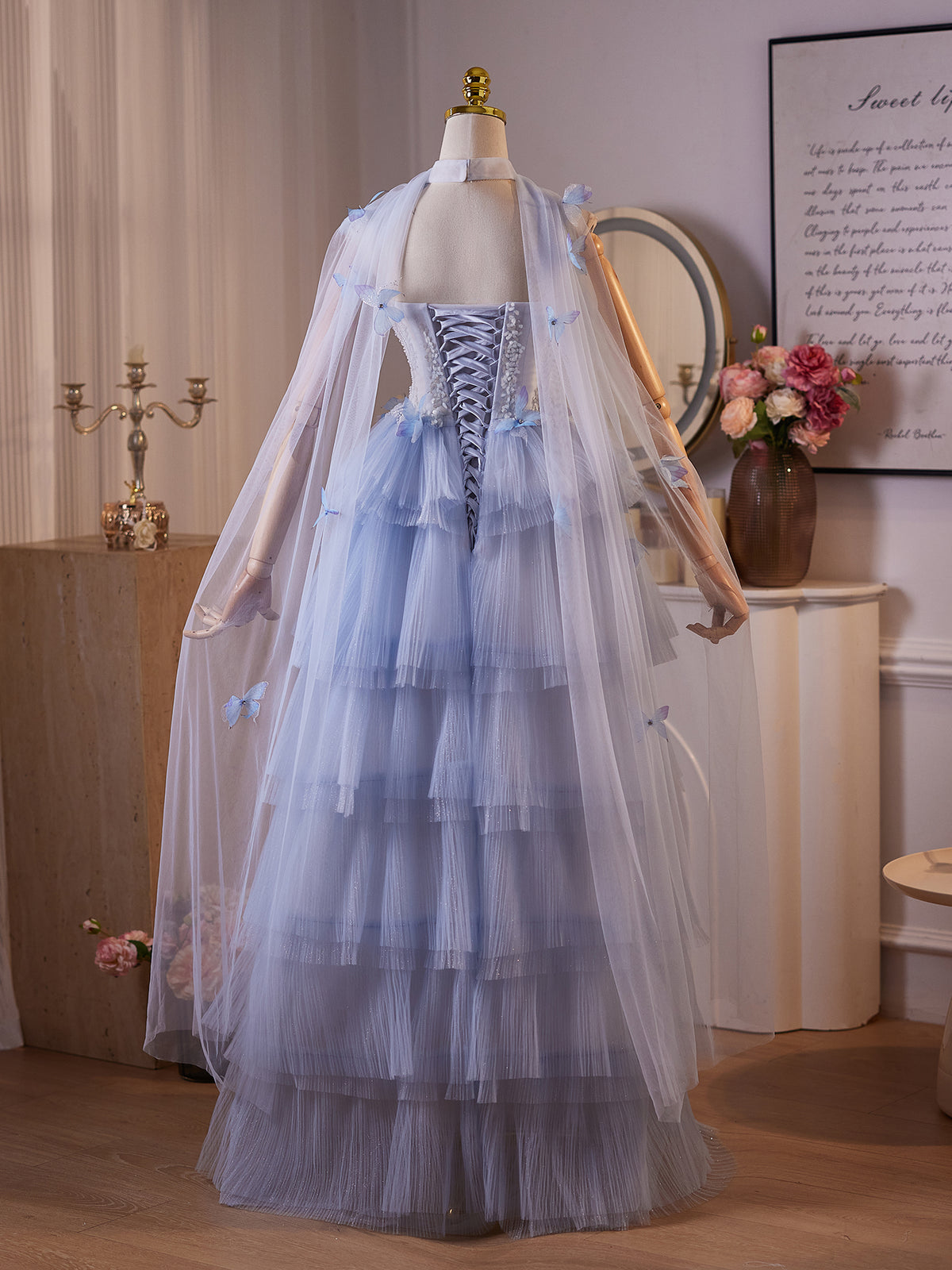 Cicinia Tiered Tulle 3D Butterfly Appliques Beaded Sweetheart Blue Wedding Dresses Long Floor Length