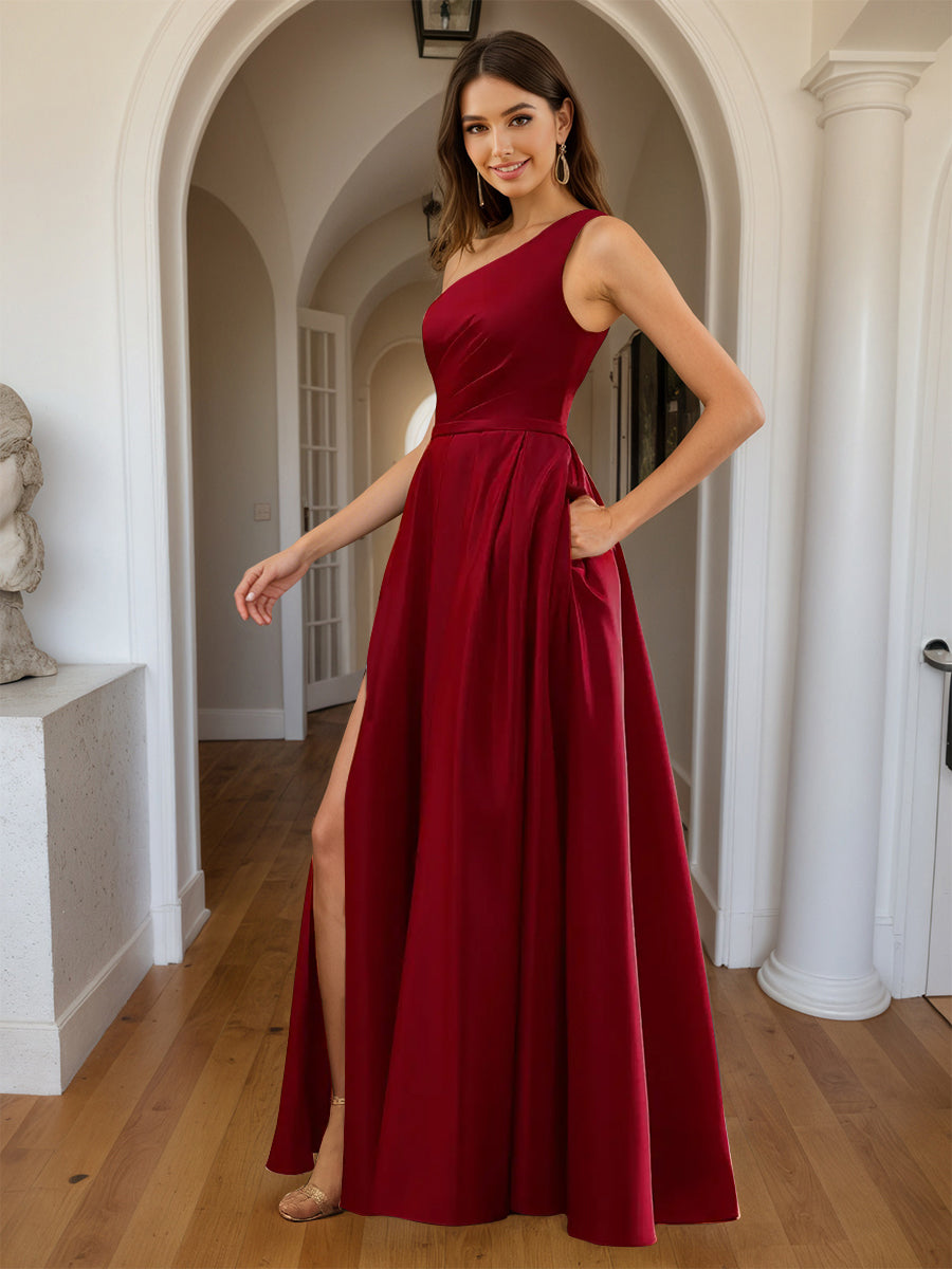 Cicinia Burgundy Prom Dresses Long A-line Satin Slit One Shoulder Floor Length Gowns