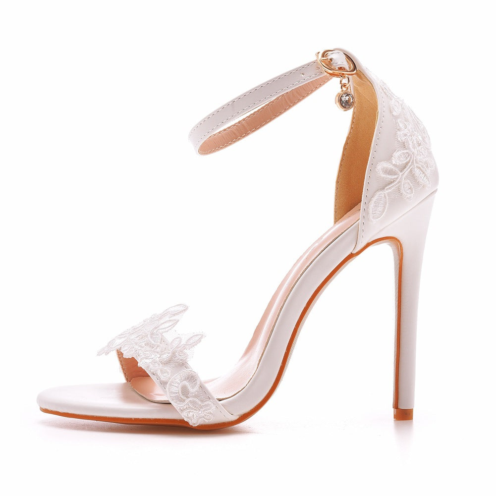 Open Toe Lace Ankle Strap Wedding High Heel