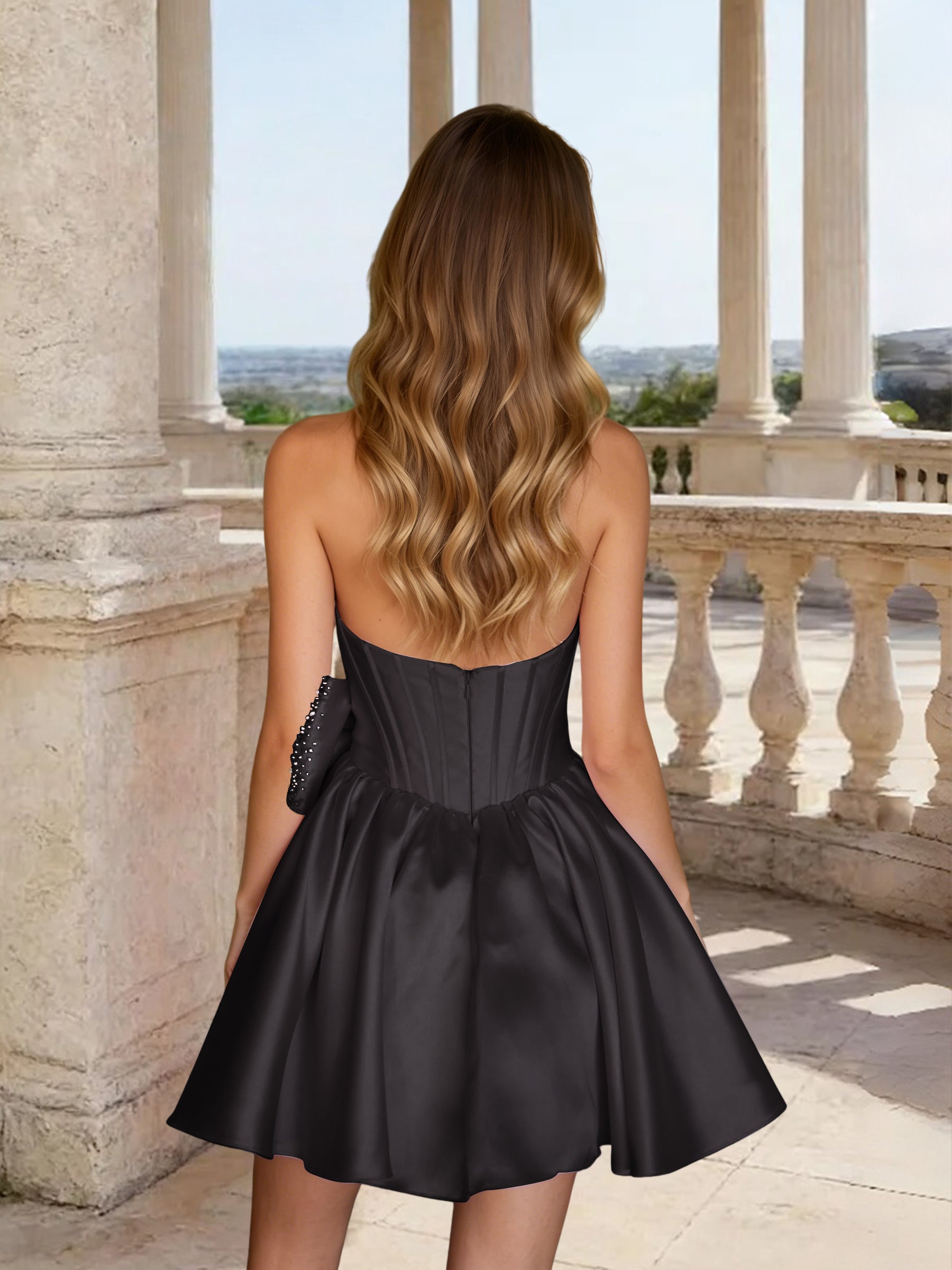 Cicinia Black Homecoming Dress Strapless Sheath Mini with Big Bow at Waist