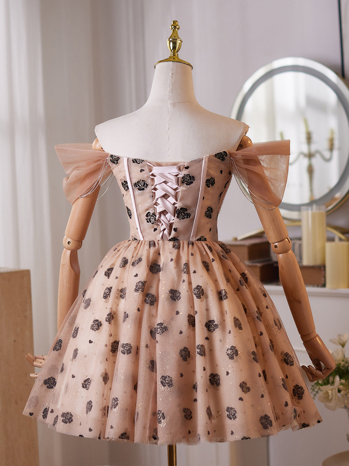 Cicinia Formal Rose Print Tulle Khaki Homecoming Dresses Short A-line Off The Shoulder Mini Length Party Dress
