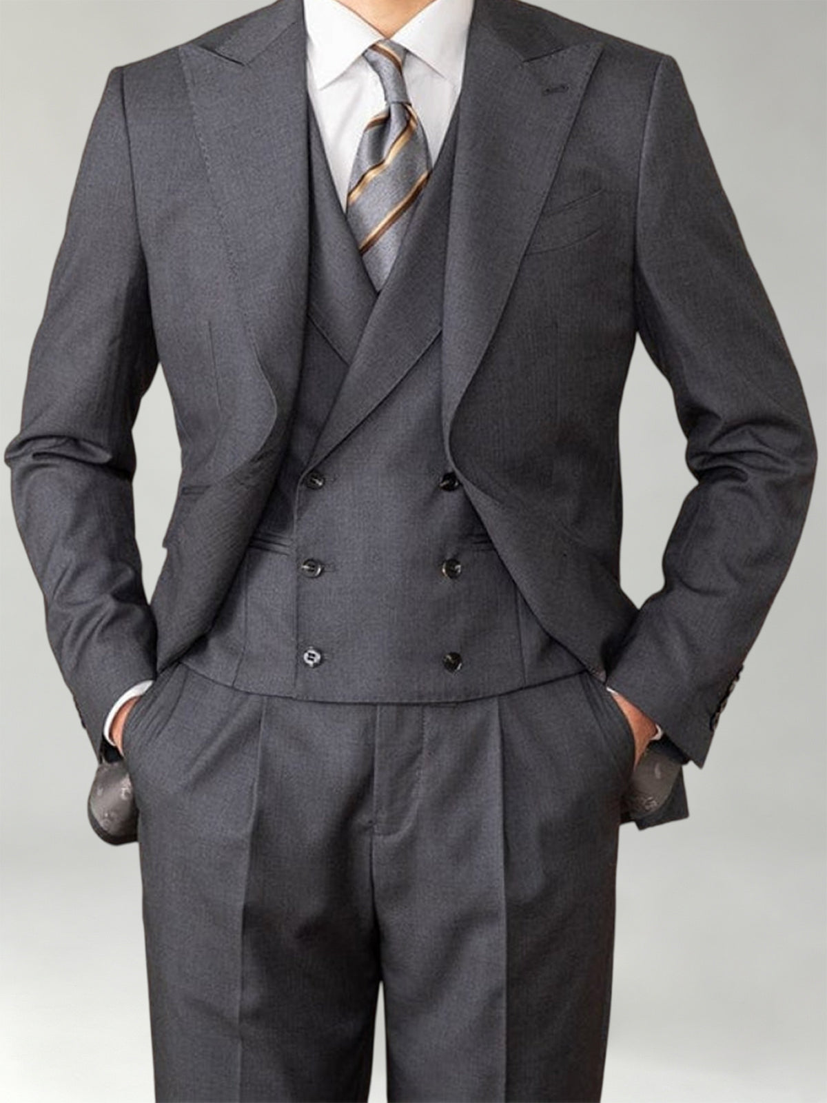 Cicinia 3 Piece Suit Peak Lapel Single Breasted Jacket Double Breasted Vest Pleated Cuffed Trousers Steel Grey Men's Suits