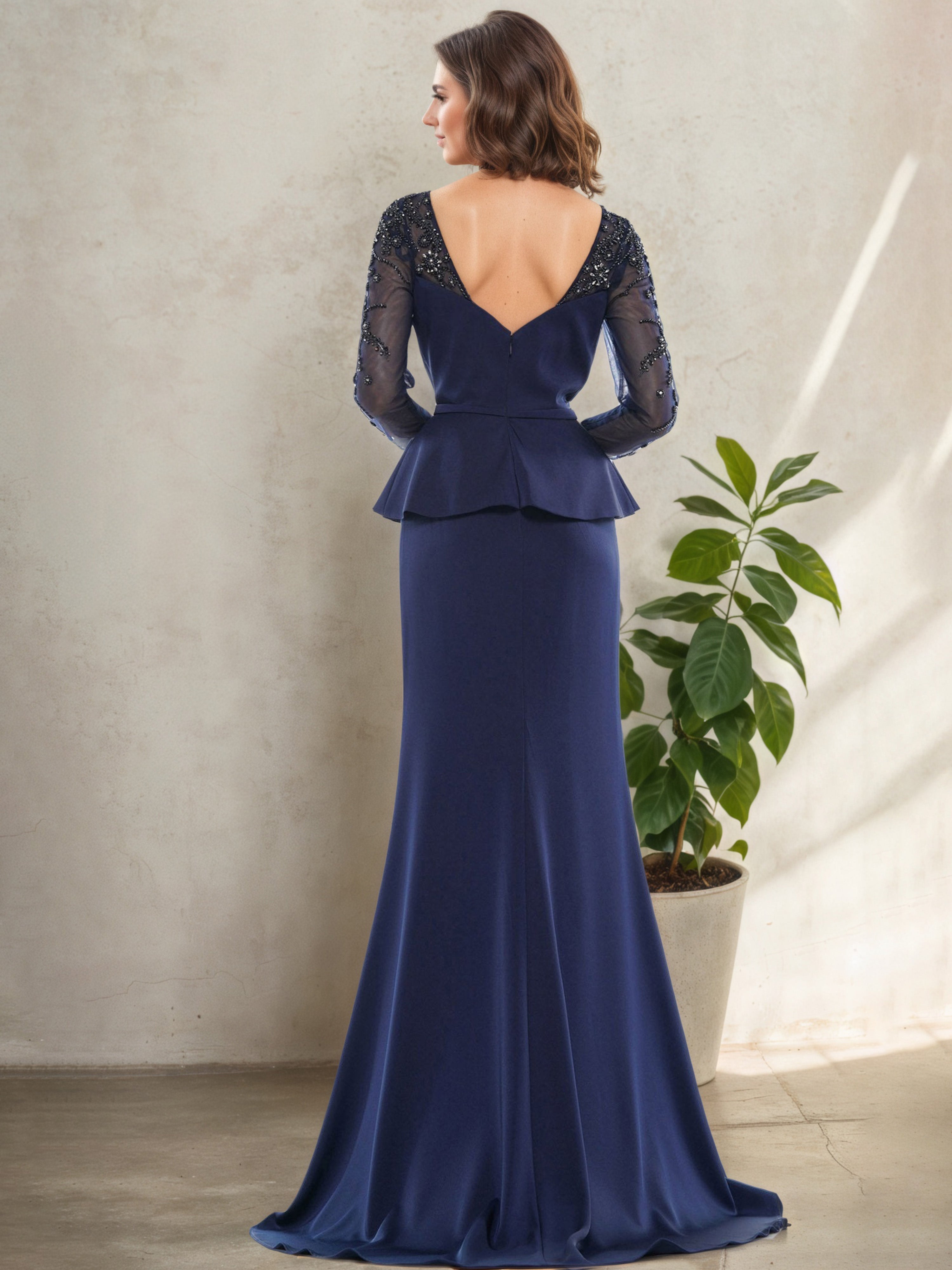Overlay Bodycon Navy Blue Trumpet/Mermaid Long Sleeves Mother Of The Bride Dress