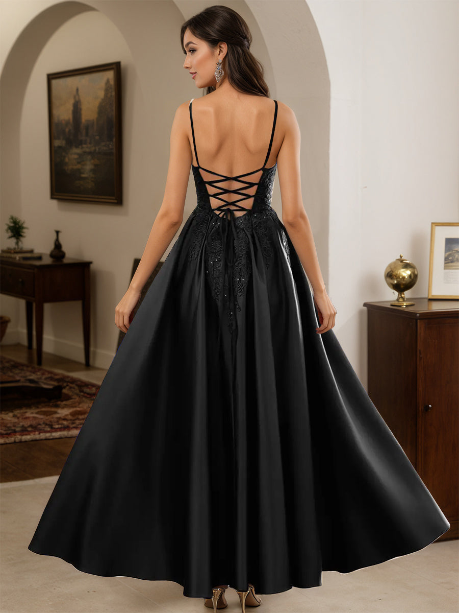 Cicinia Black Prom Dresses Long Satin Appliques Lace A-line Floor Length
