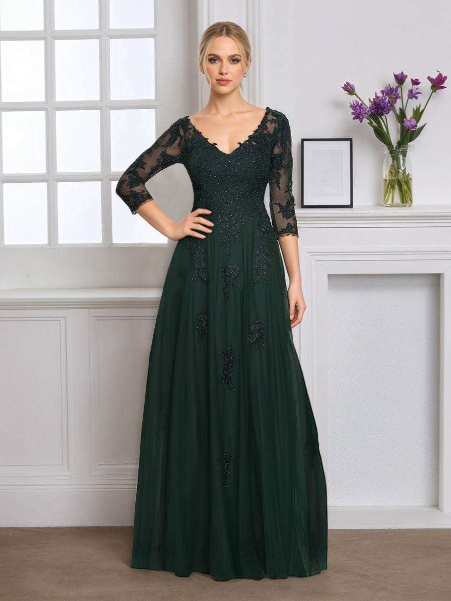 Cicinia Dark Green Mother Of The Bride Dress Long Tulle Appliques Lace V-neck 3/4 Sleeves
