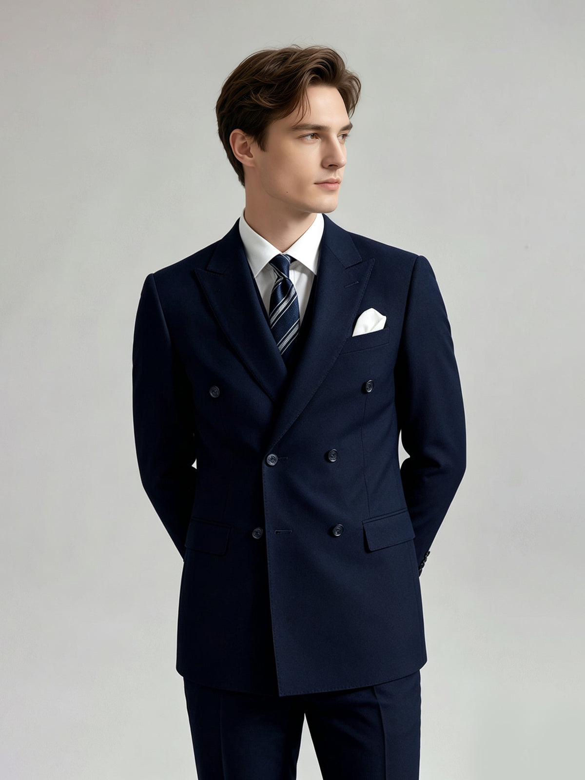 Cicinia Formal Business Suit Double Breasted Notch Lapel V Neck Vest Tailored Fit Jacket And Pants 3 Pieces Navy Blue Men's Suits (Copy)