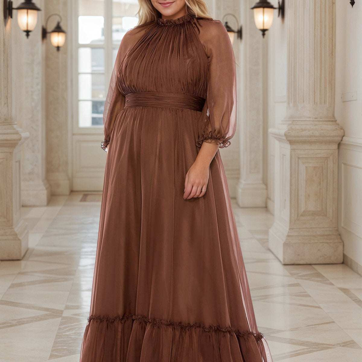 brown formal dress with sleeves Puffed Sleeve Dotted Tulle Prom 20729 Brown / US4 100% Polyester Pretty Brown 3/4 Sleeves Long