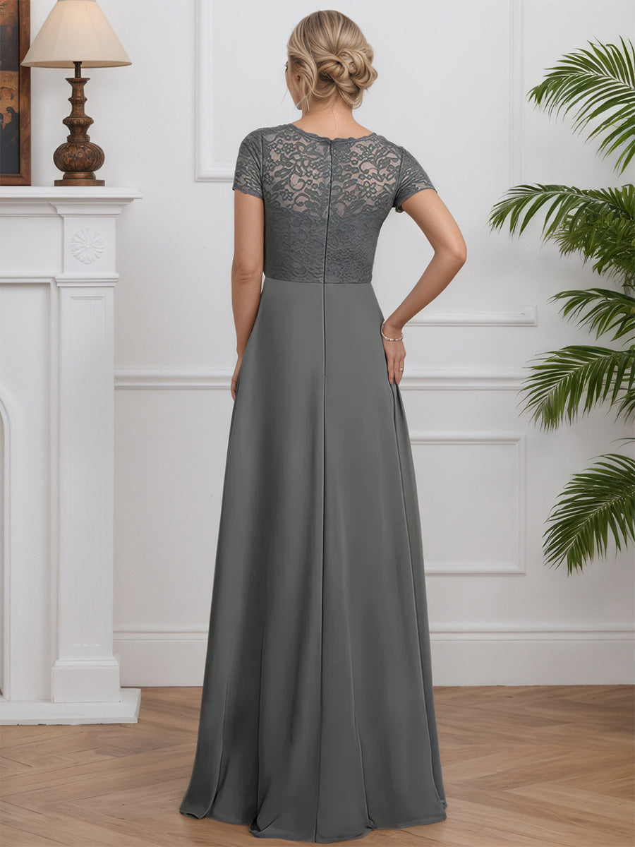 Cicinia Steel Gray Mother Of The Groom Dress Long Chiffon Lace A-line Short Sleeves