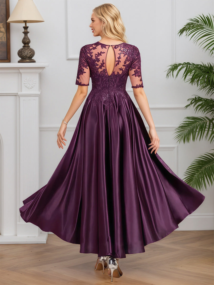 Cicinia Grape Mother Of The Bride Dress Long Soft Satin Lace A-line Tea Length