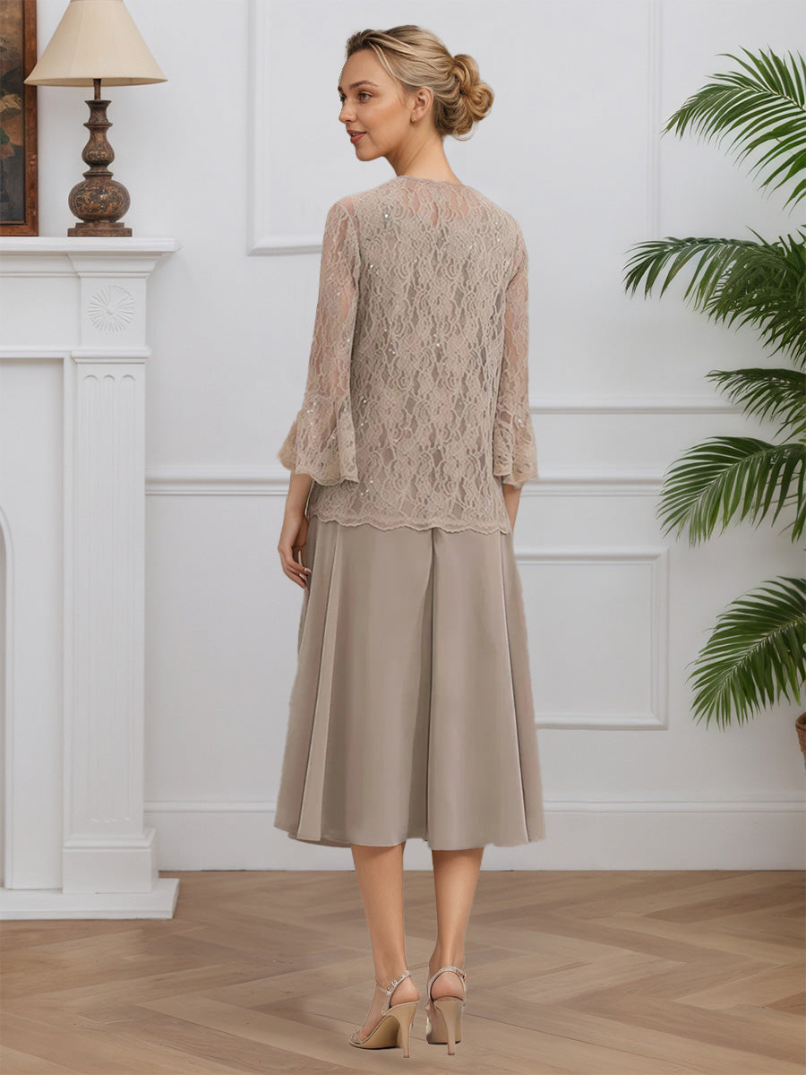 Cicinia Taupe Mother Of The Bride Dress With Jacket Long Lace Chiffon A-line Tea Length