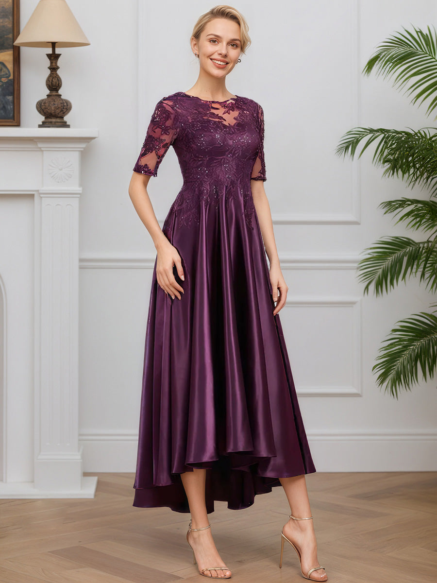 Cicinia Grape Mother Of The Bride Dress Long Soft Satin Lace A-line Tea Length