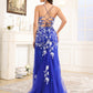 V Neck Spaghetti Straps Lace Long Prom Dress With Slit