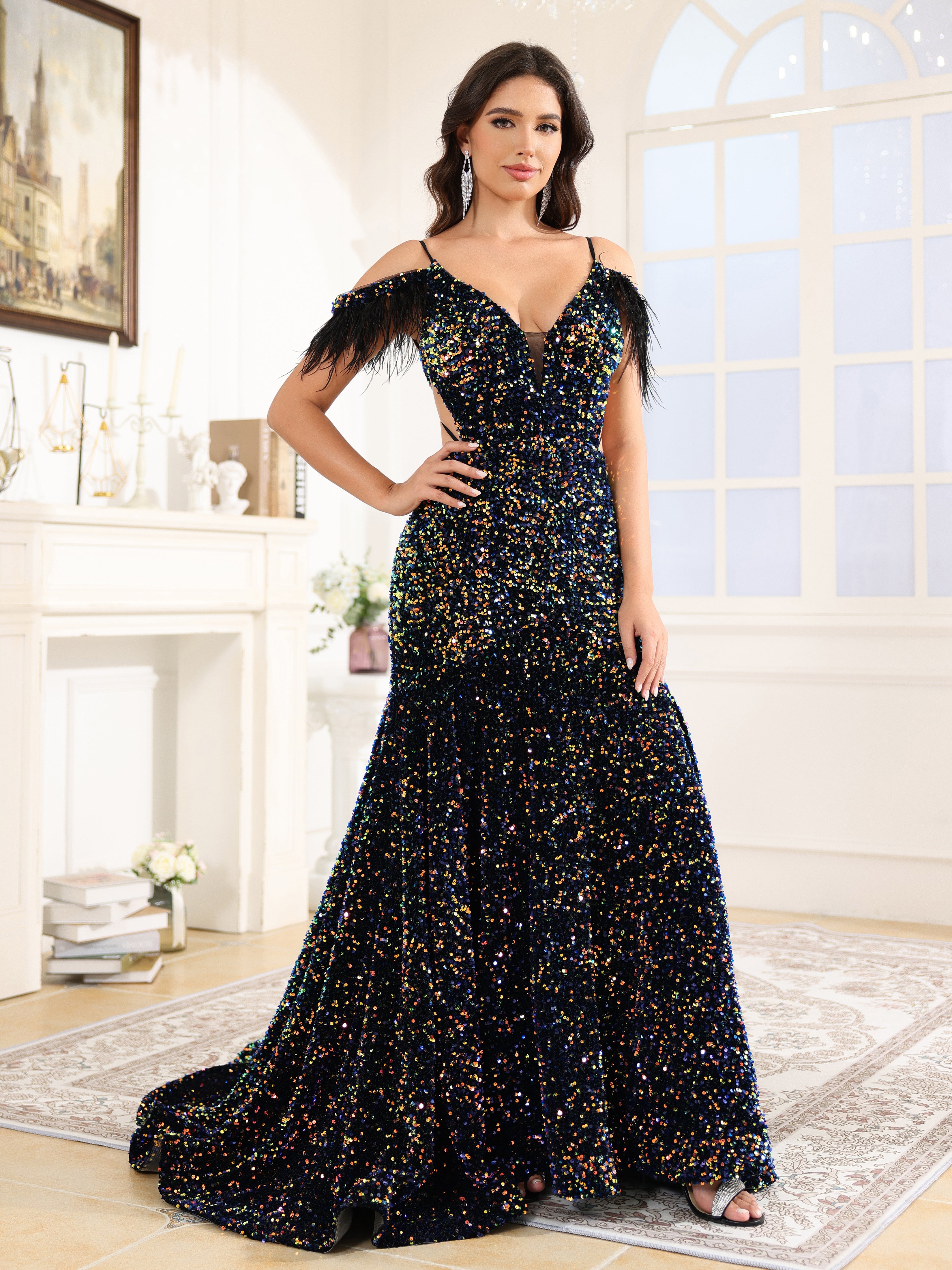 Off The Shoulder V Neck Sequins Long Prom Dress