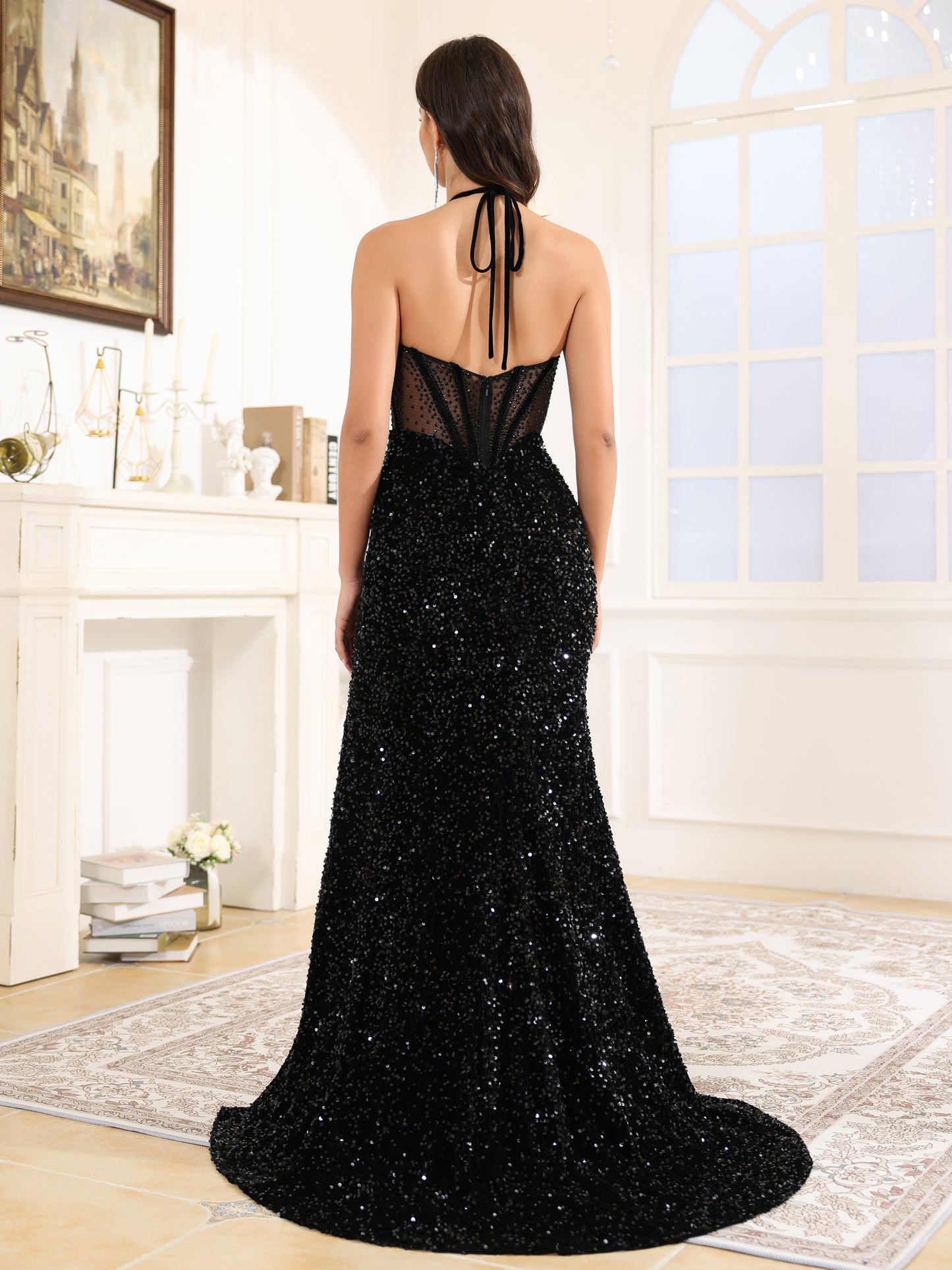 Halter Sweetheart Sequins Prom Dress With Slit