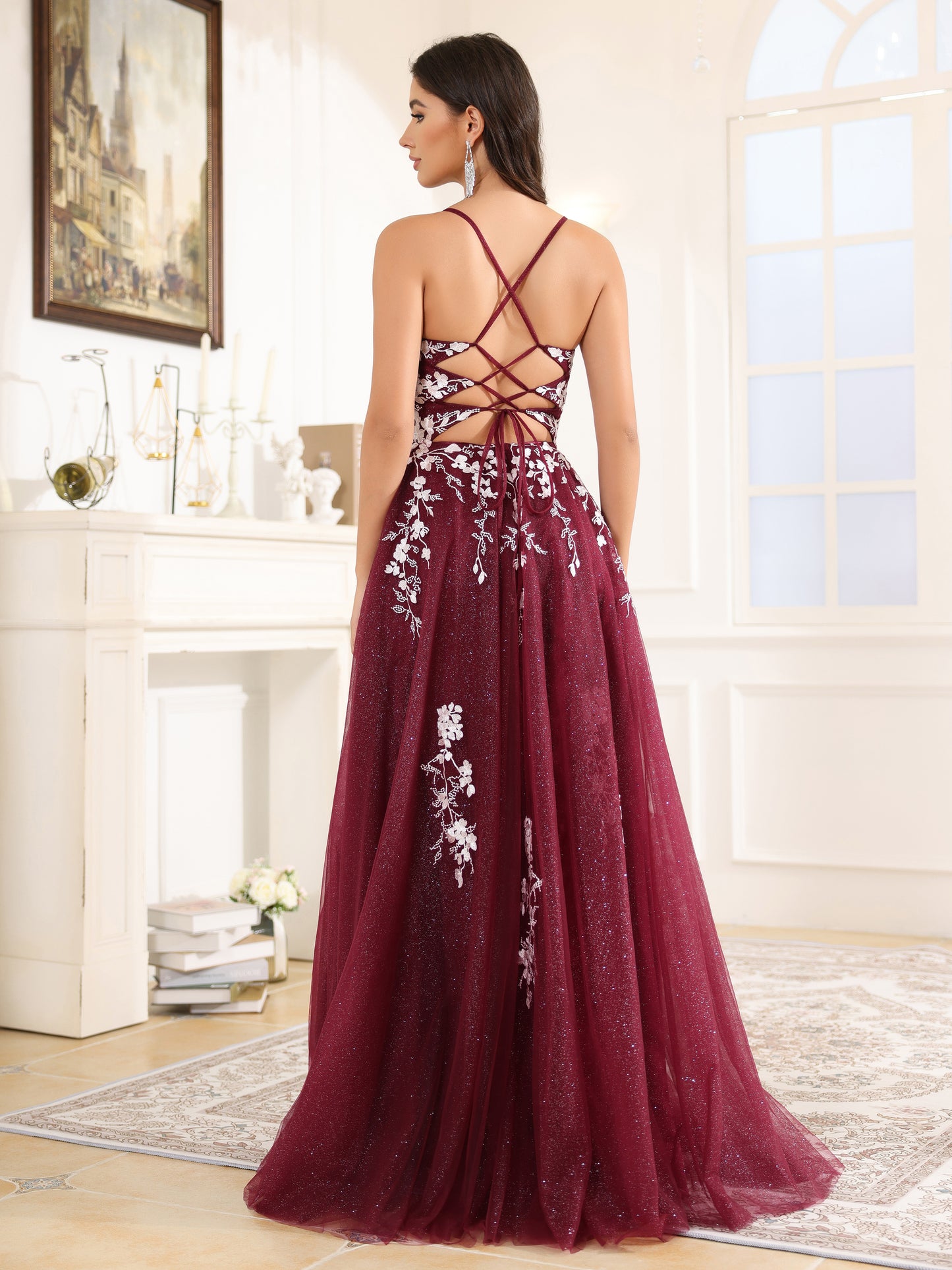 Lace Appliques Spaghetti Straps A Line Tulle Prom Dress