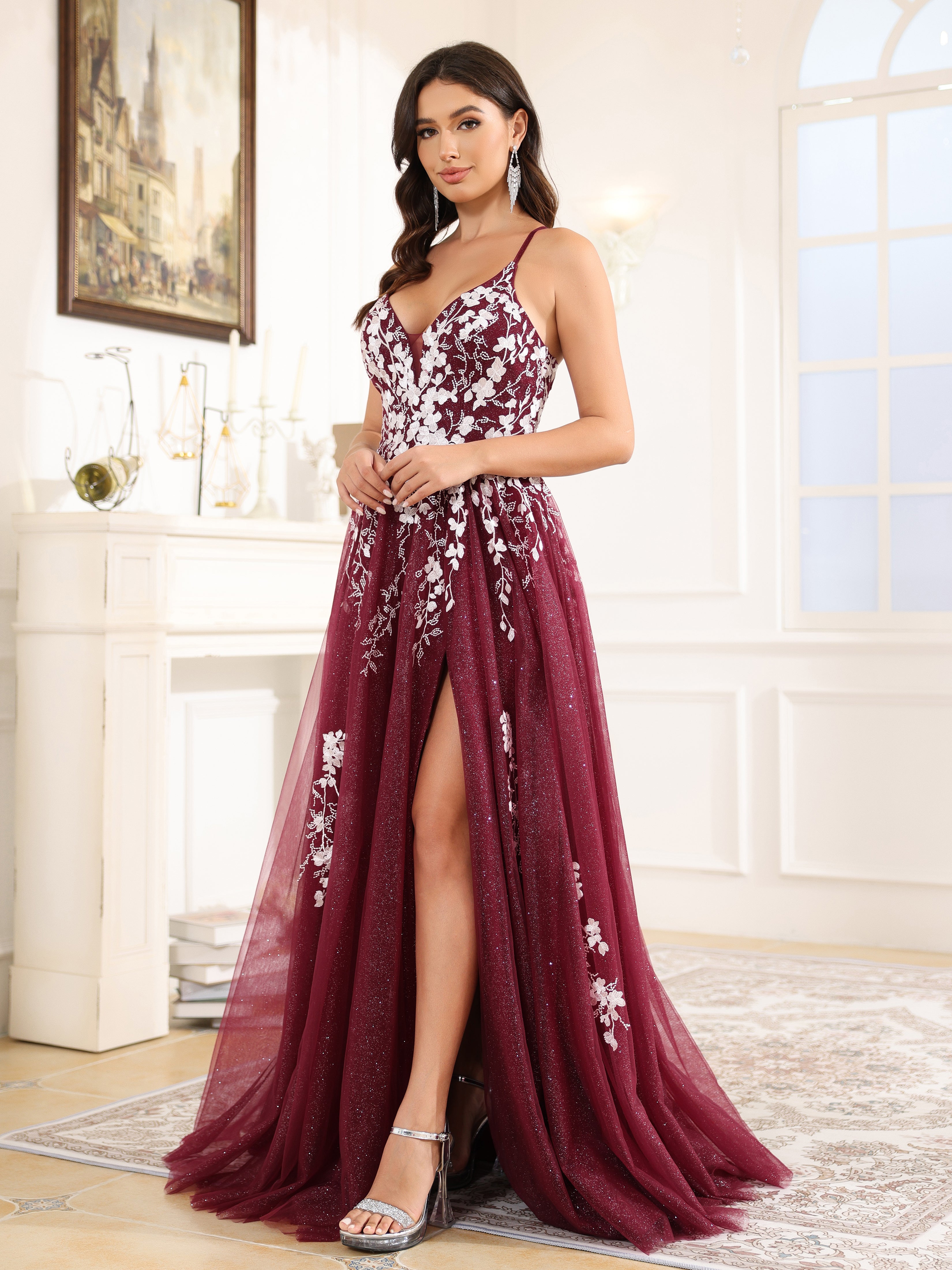 Lace Appliques Spaghetti Straps A Line Tulle Prom Dress