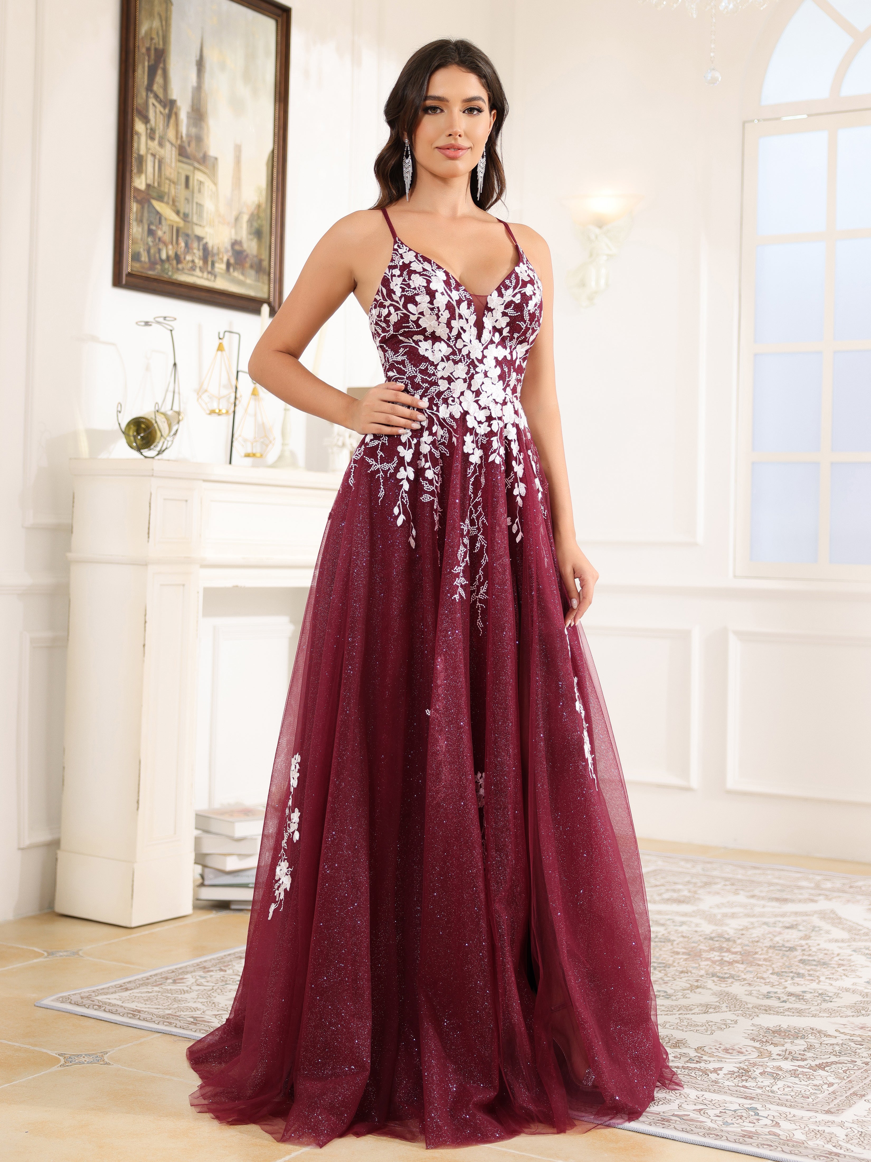 Lace Appliques Spaghetti Straps A Line Tulle Prom Dress