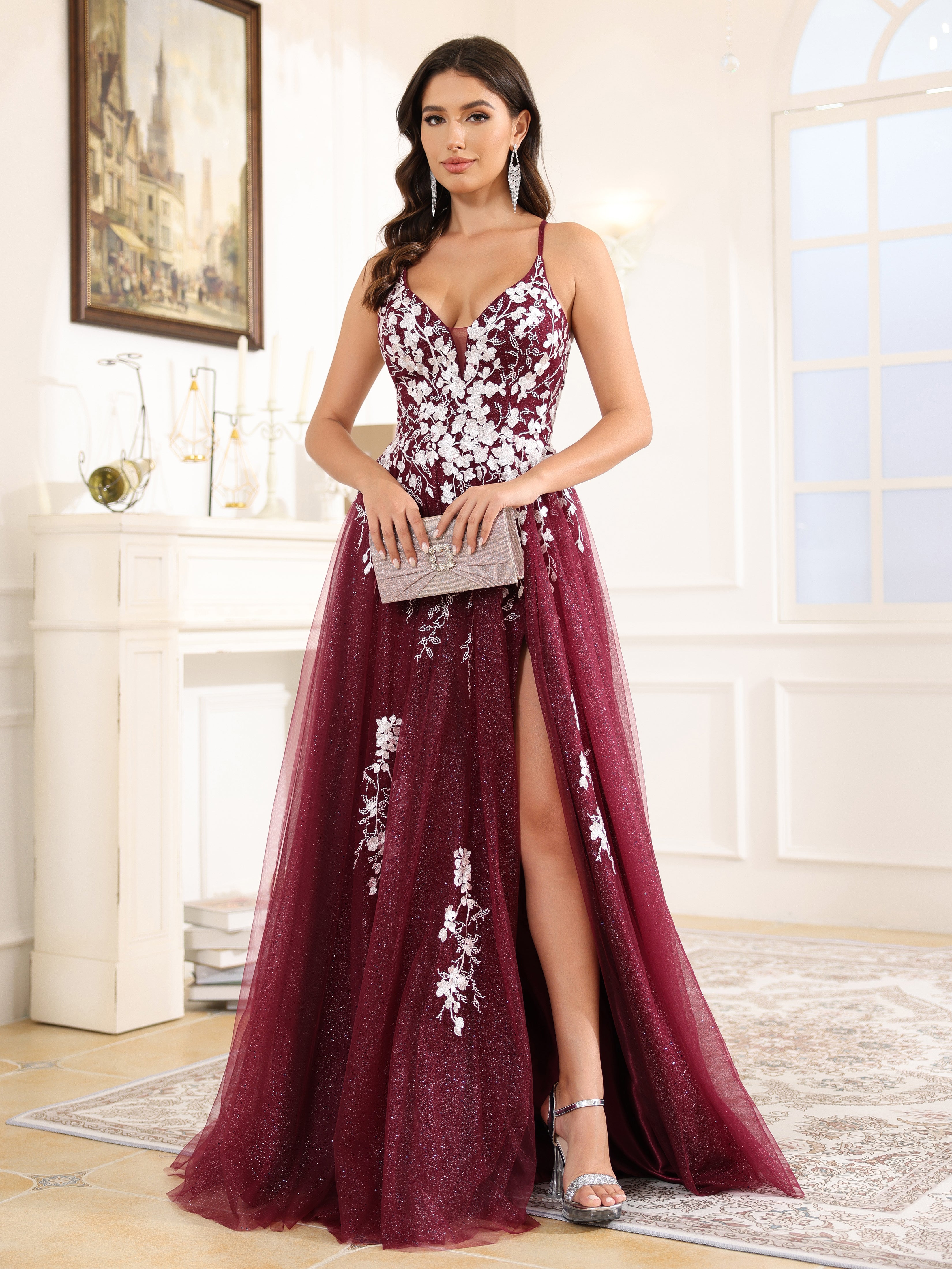 Lace Appliques Spaghetti Straps A Line Tulle Prom Dress