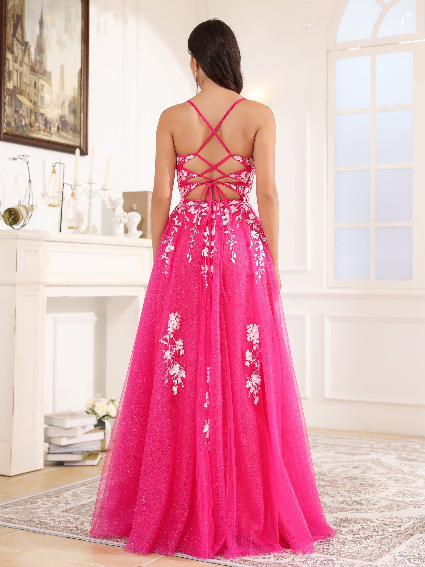 V Neck Spaghetti Straps Lace Appliques Tulle Prom Dress With Slit