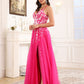 V Neck Spaghetti Straps Lace Appliques Tulle Prom Dress With Slit
