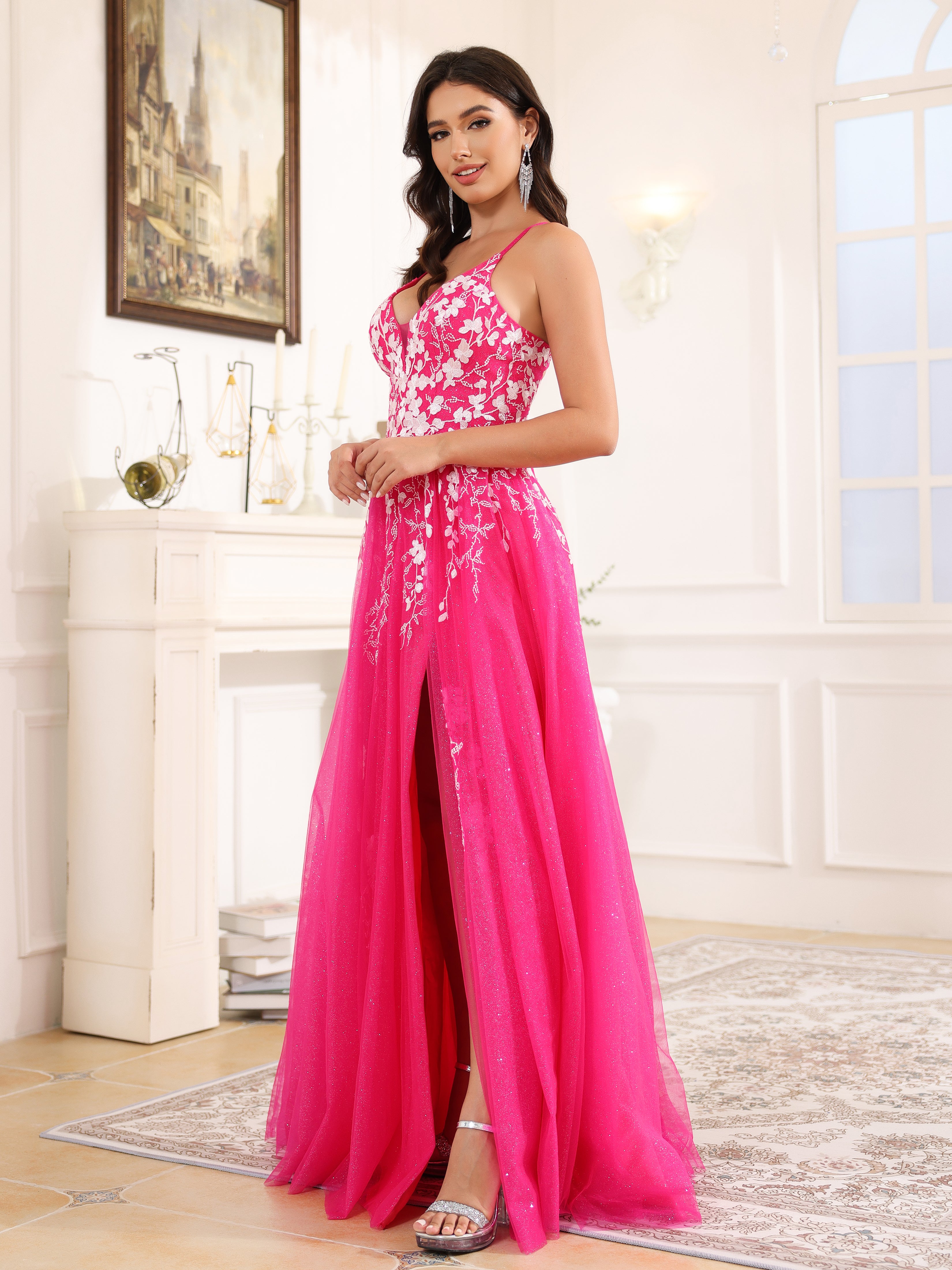 V Neck Spaghetti Straps Lace Appliques Tulle Prom Dress With Slit
