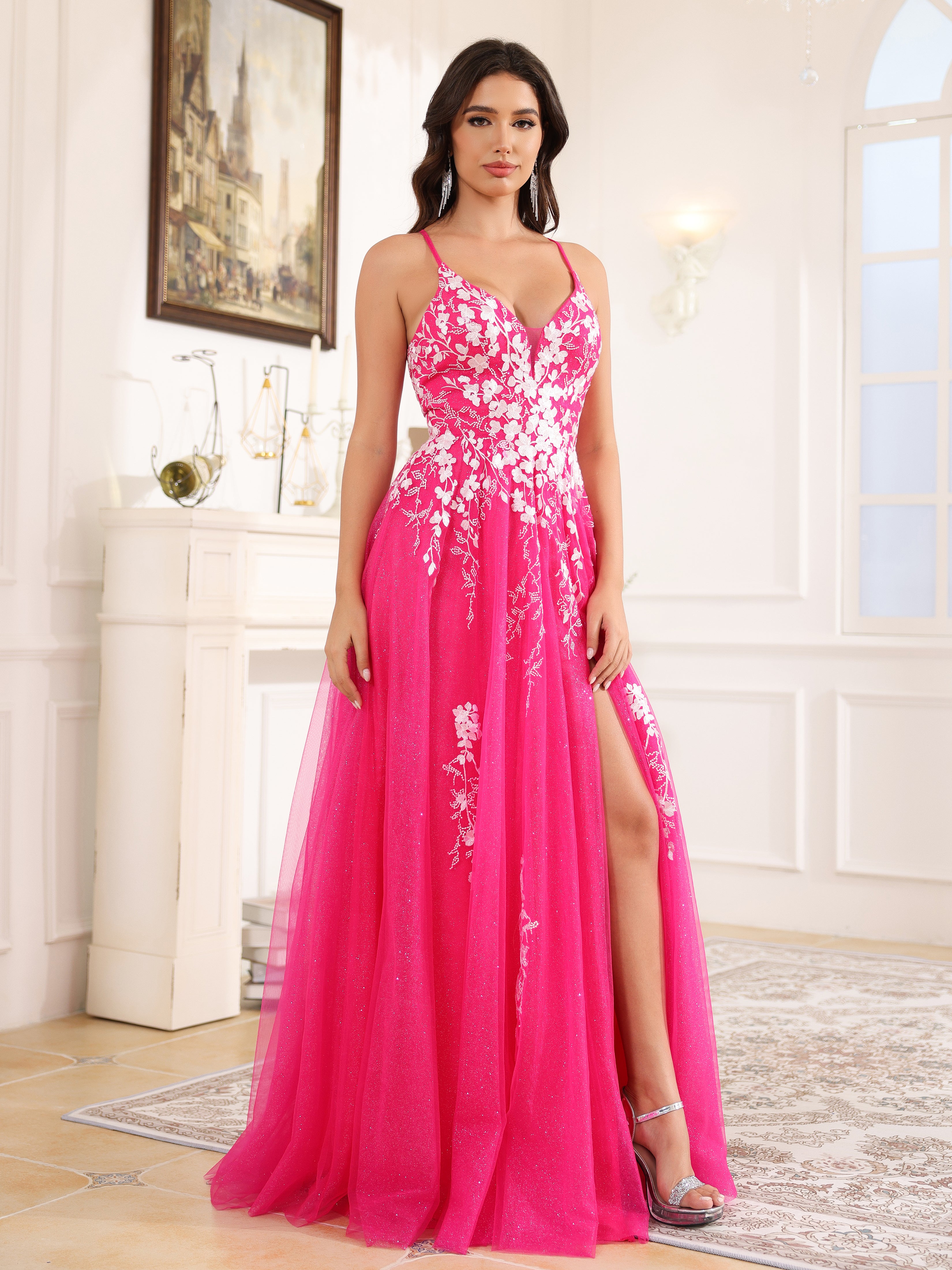 V Neck Spaghetti Straps Lace Appliques Tulle Prom Dress With Slit