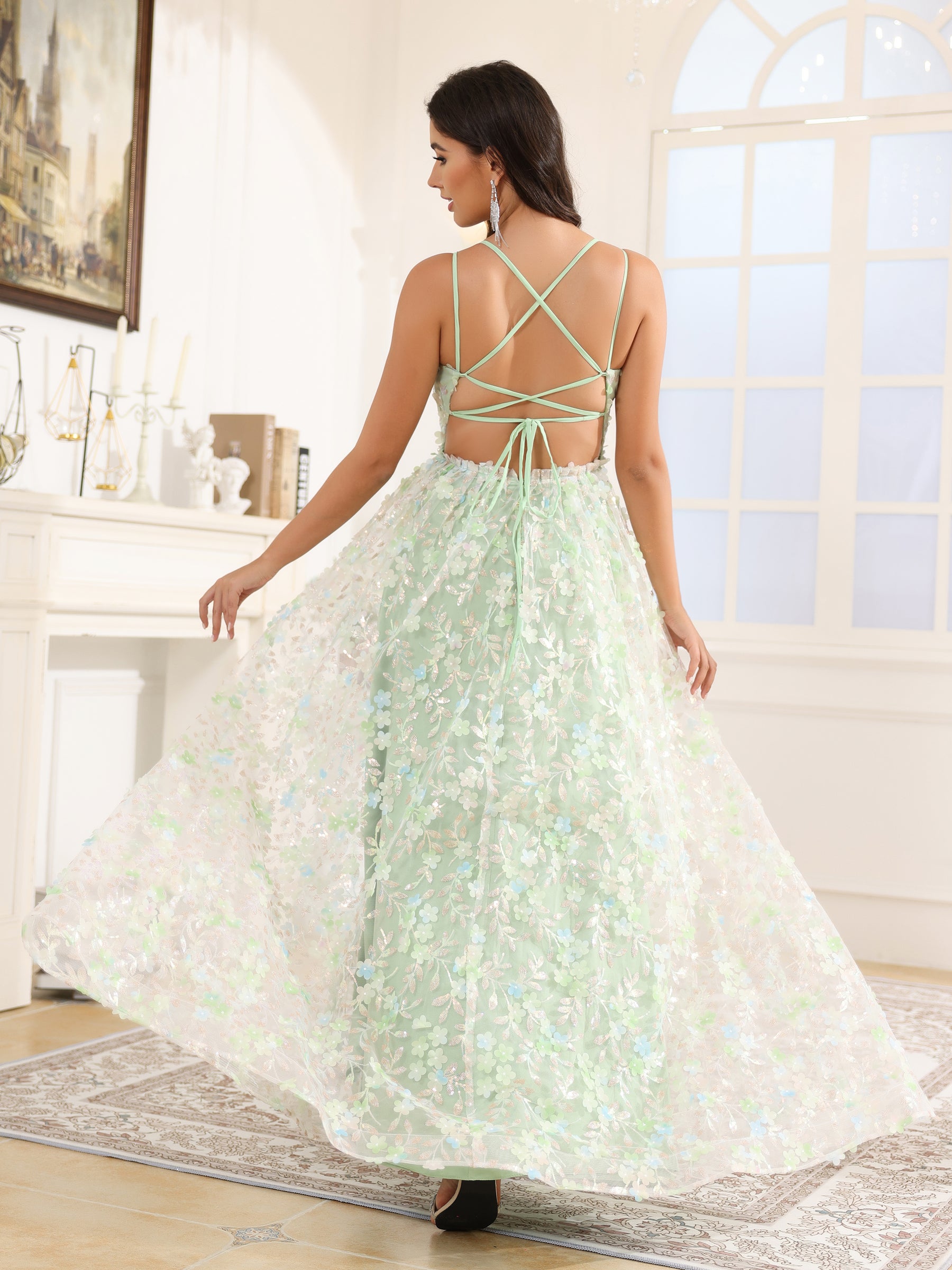 Applique Spaghetti Straps Floor Length Dresses VMP124