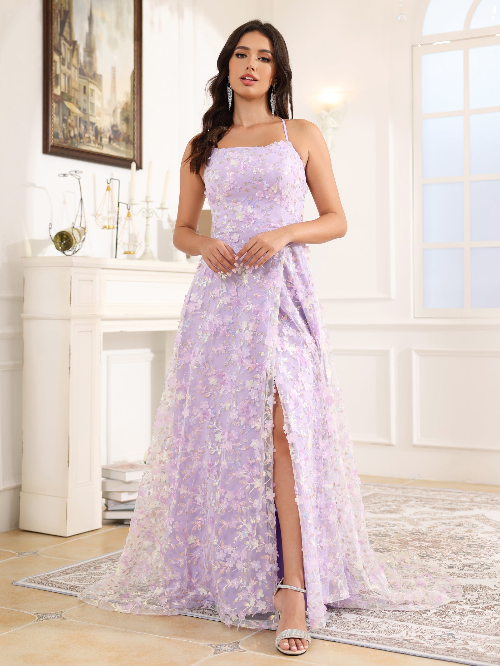 Long A-line Spaghetti Straps Lace Sleeveless Prom Dress With Slit Y6360 main image 1
