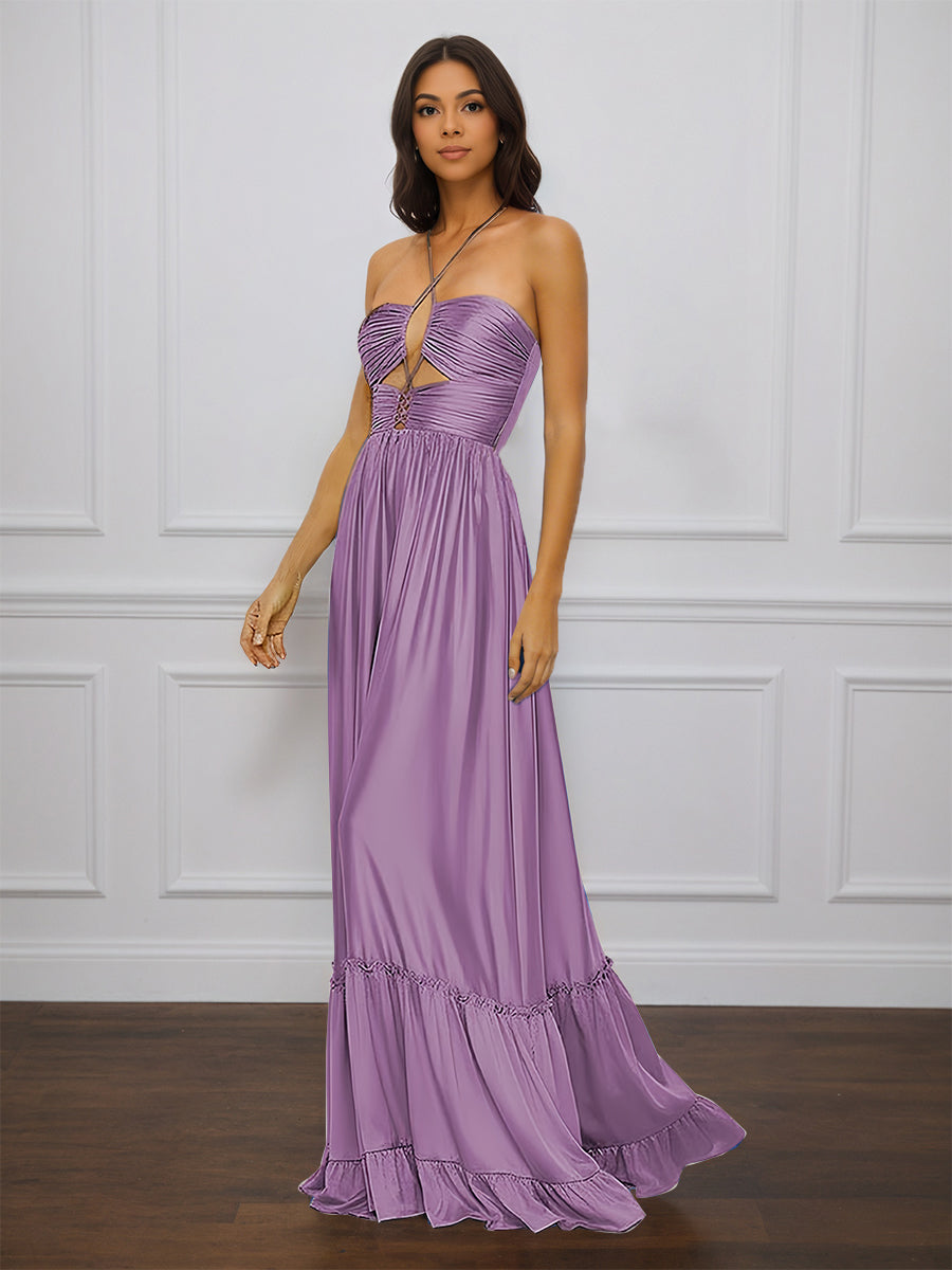 Cicinia Tahiti Prom Dresses Long Soft Satin A-line Spaghetti Straps Sweep Train