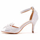 White Satin Floral Lace One-Strap Peep Toe High Heel Sandals