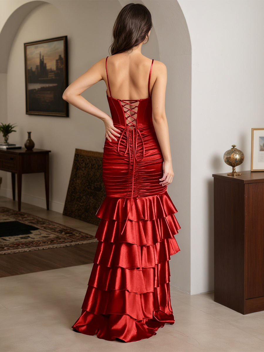 Cicinia Red Prom Dresses Long Stretch Satin Ruffles Sheath Slit Spaghetti Straps Gowns