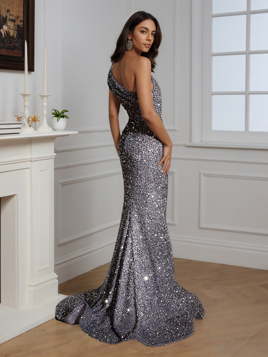 Cicinia Gray Prom Dress Long Sequins Mermaid One Shoulder Evening Gown