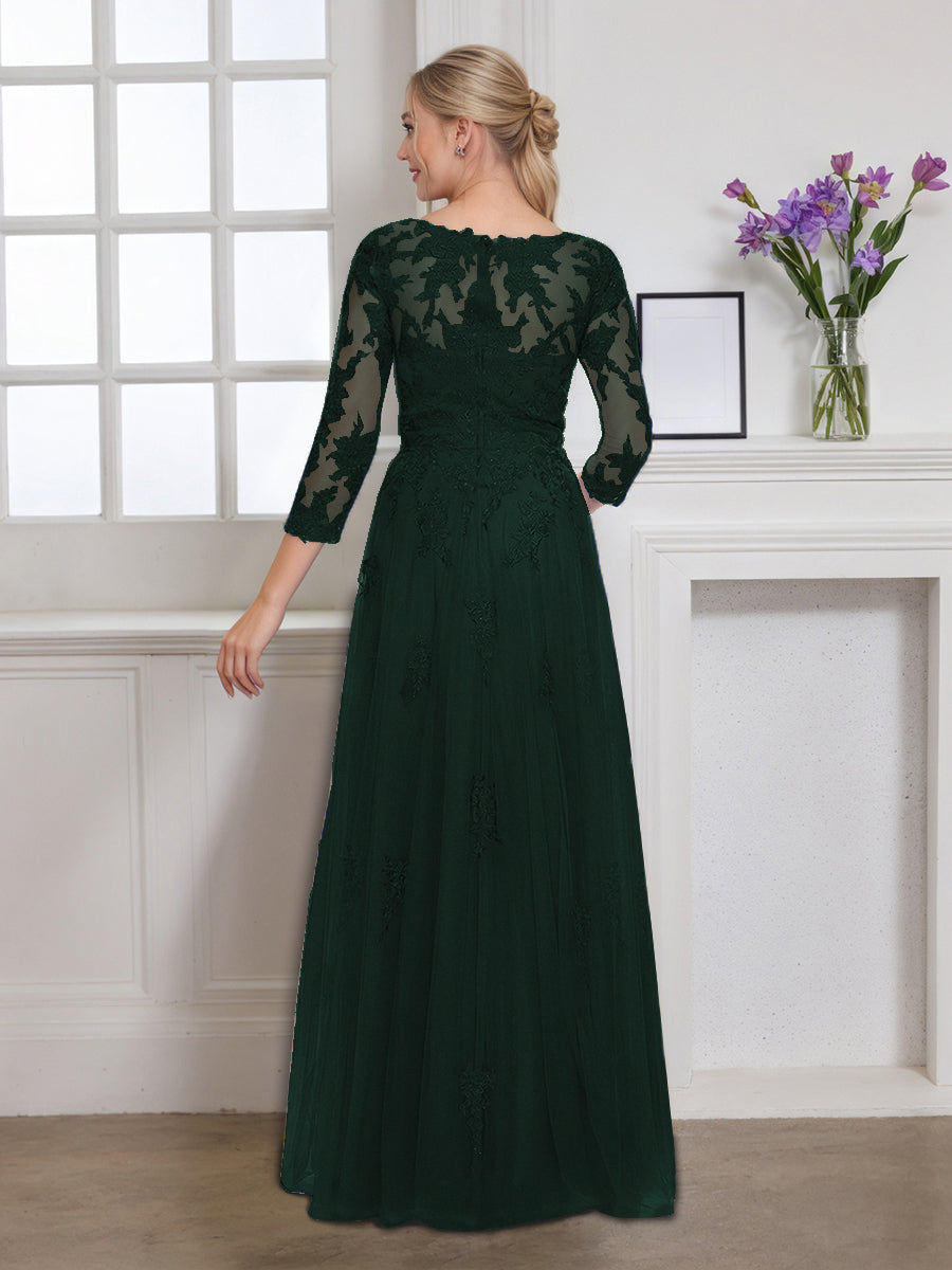 Cicinia Dark Green Mother Of The Bride Dress Long Tulle Appliques Lace V-neck 3/4 Sleeves
