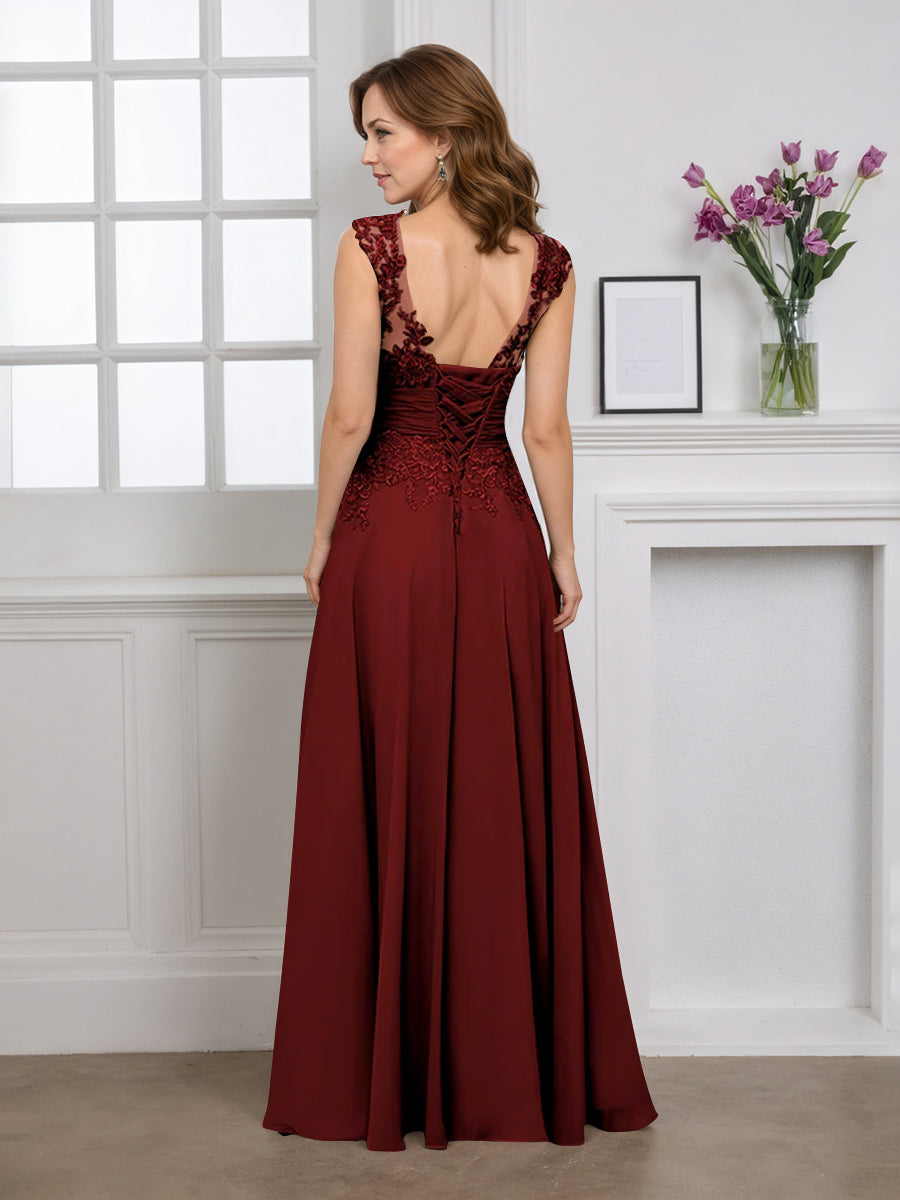 Cicinia Burgundy Mother Of The Bride Dress Long Chiffon Appliques Lace A-line Floor Length V-neck