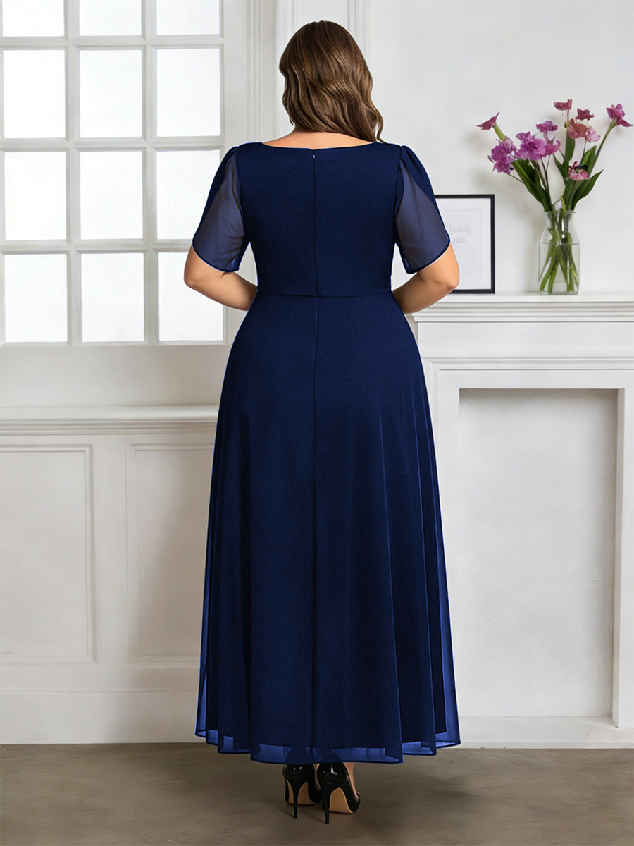 Cicinia Plus Size Navy Blue Mother Of The Bride Dress Long Chiffon A-line Ankle Length Short Sleeves V-neck