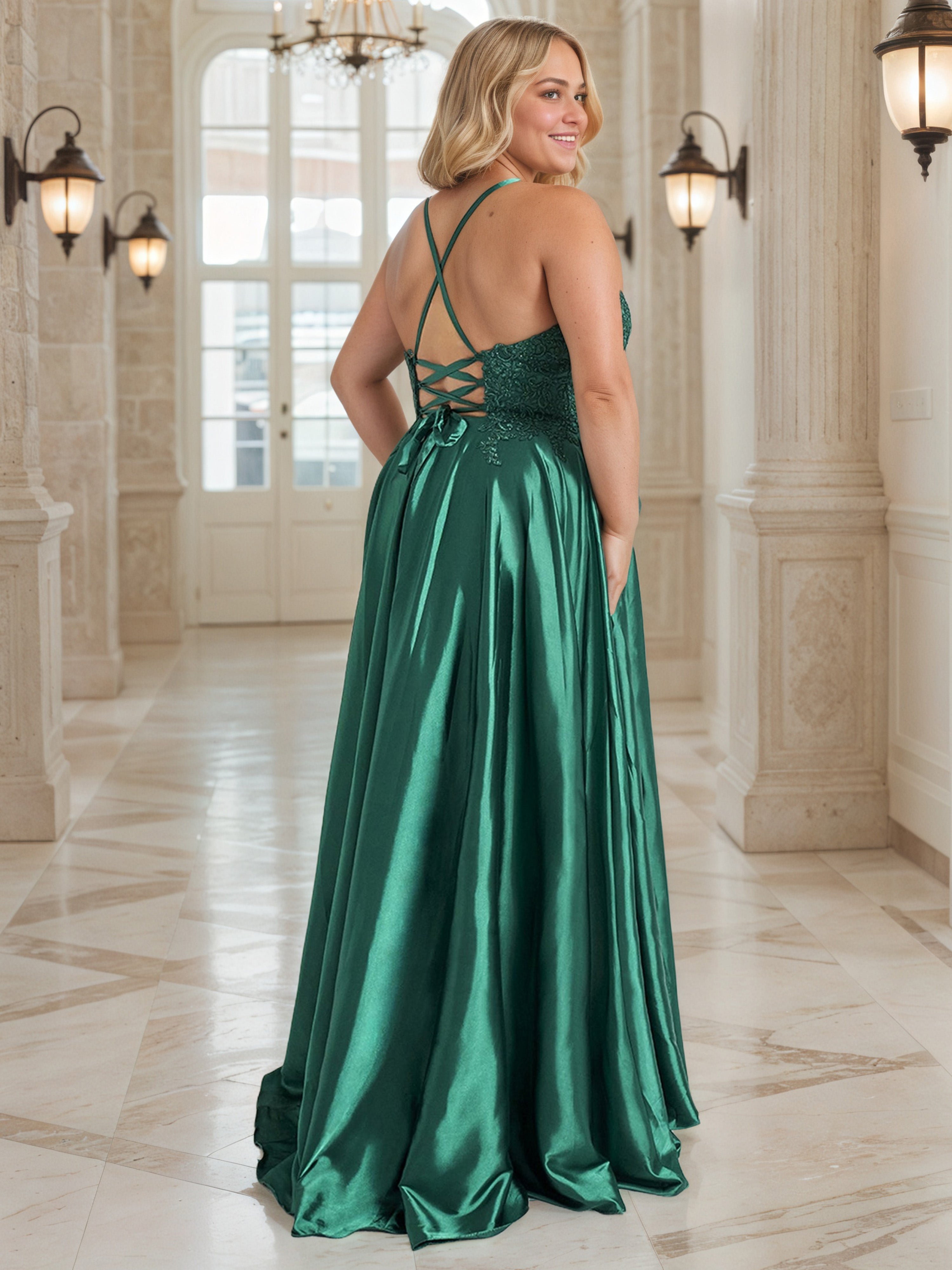 Dark Green Long Soft Satin Prom Dress With Pocket And Split