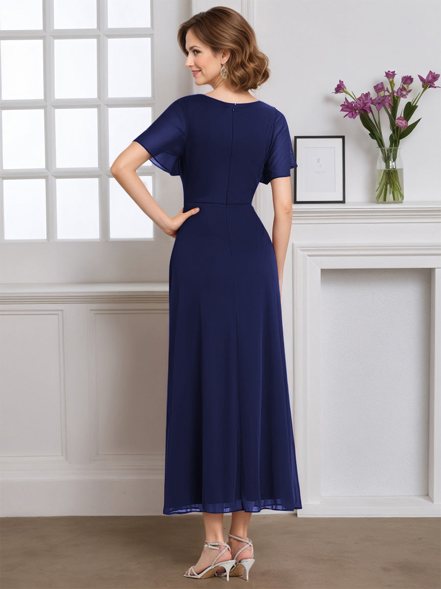 Cicinia Navy Blue Mother Of The Bride Dress Long Chiffon A-line Flutter Sleeves V-neck