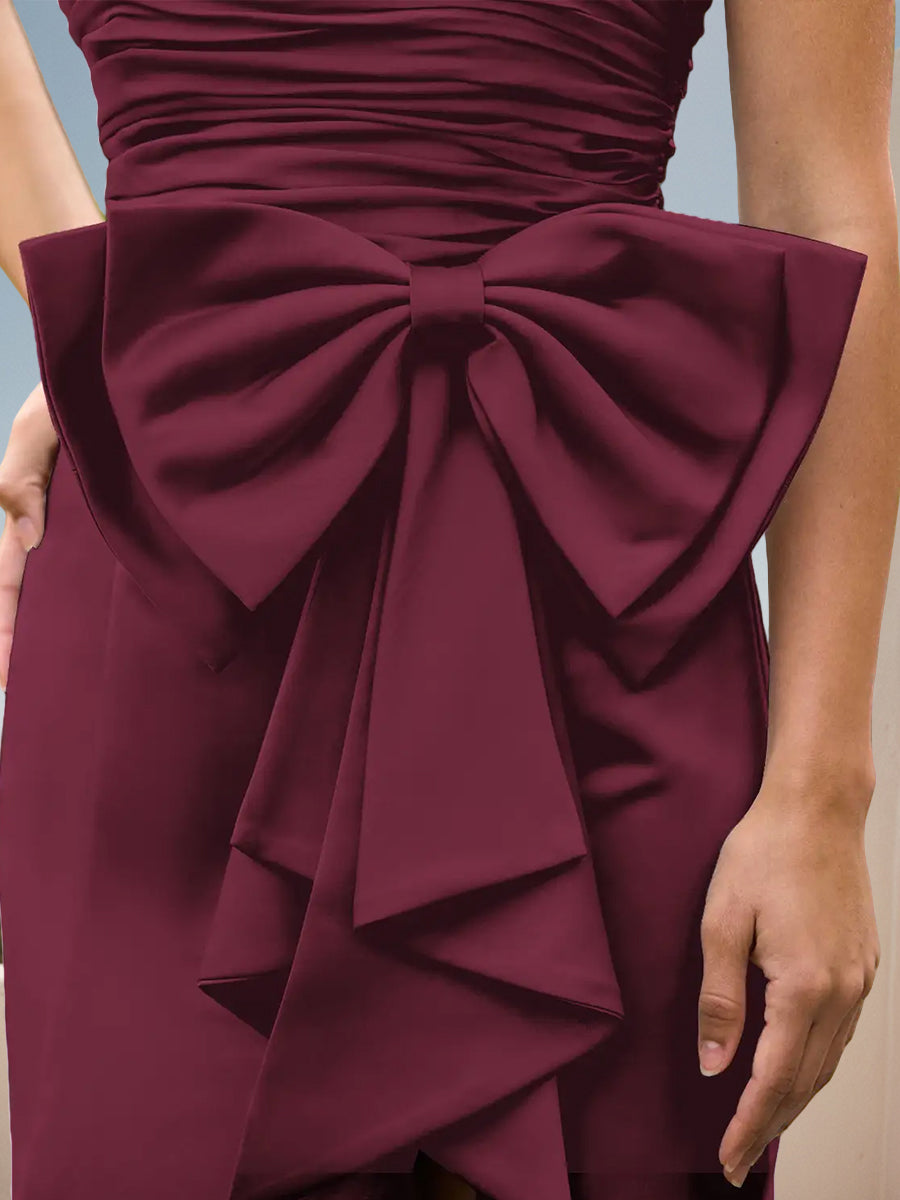 Cicinia Mulberry Prom Dresses Long Stretch Fabric Sheath Slit Strapless Gowns With Big Bowknot