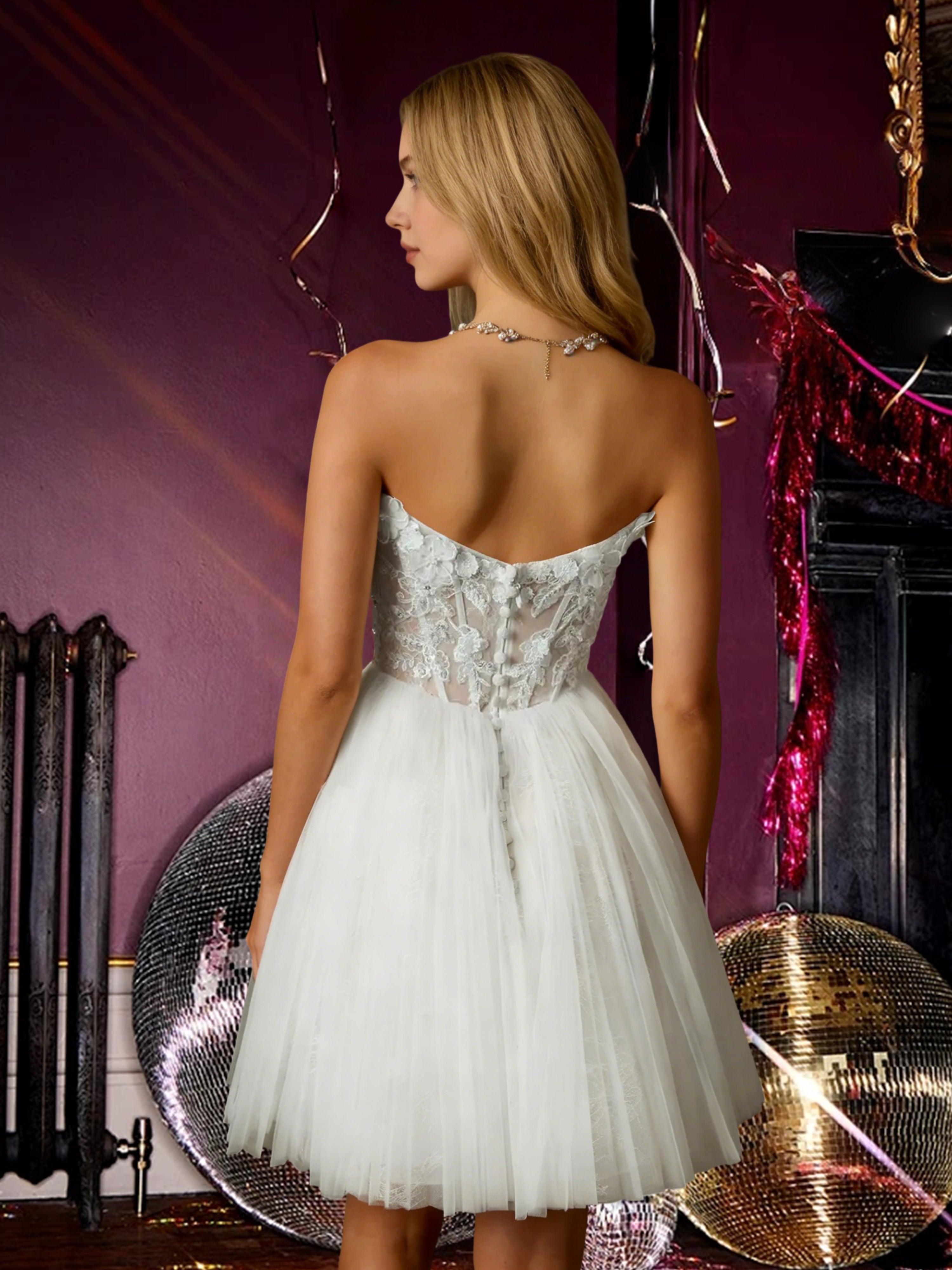 Cicinia White Graduation Dresses Short Tulle A-line Sweetheart Appliques Lace Mini Dress
