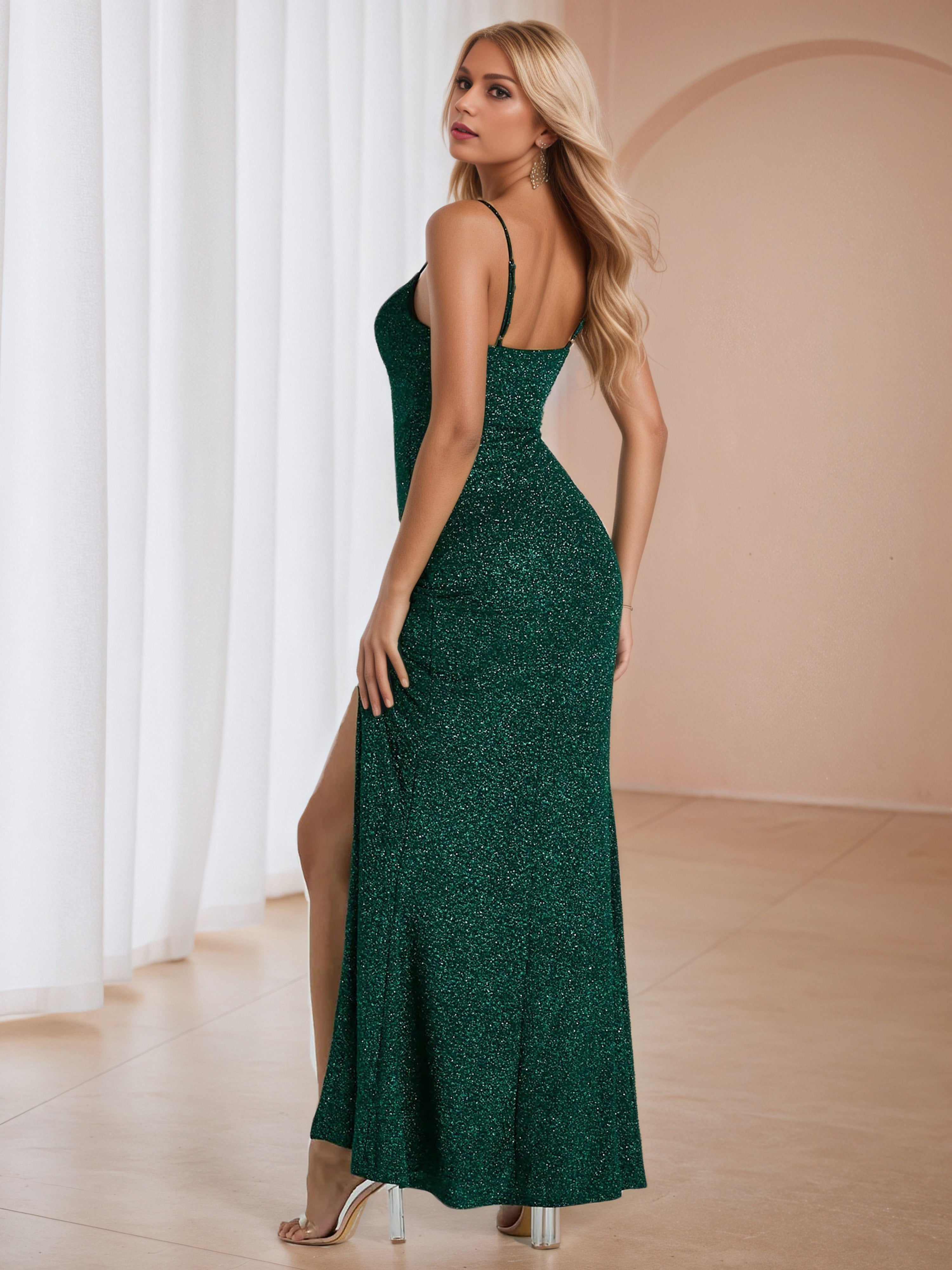 Dark Green V-Neck Spaghetti Straps Sleeveless Wedding Guest Dress