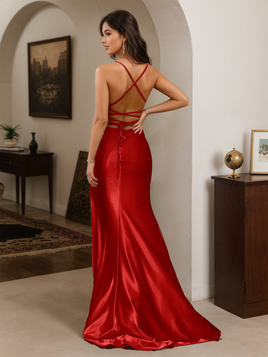 Cicinia Red Prom Dresses Long Spaghetti Straps Backless Sheath Slit Gowns
