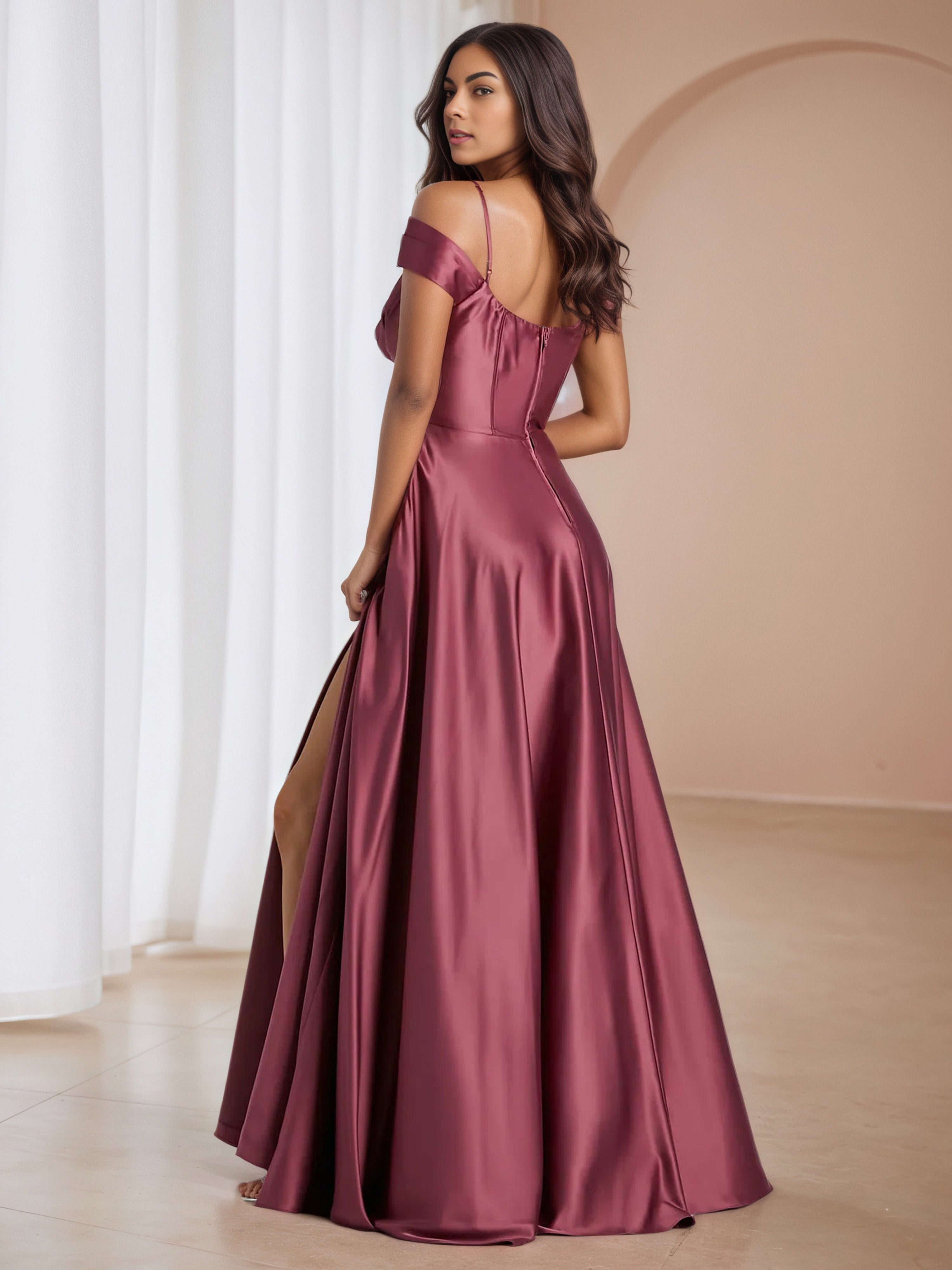 Off The Shoulder Ruched Cinnamon Rose Wedding Guest Dress with Split