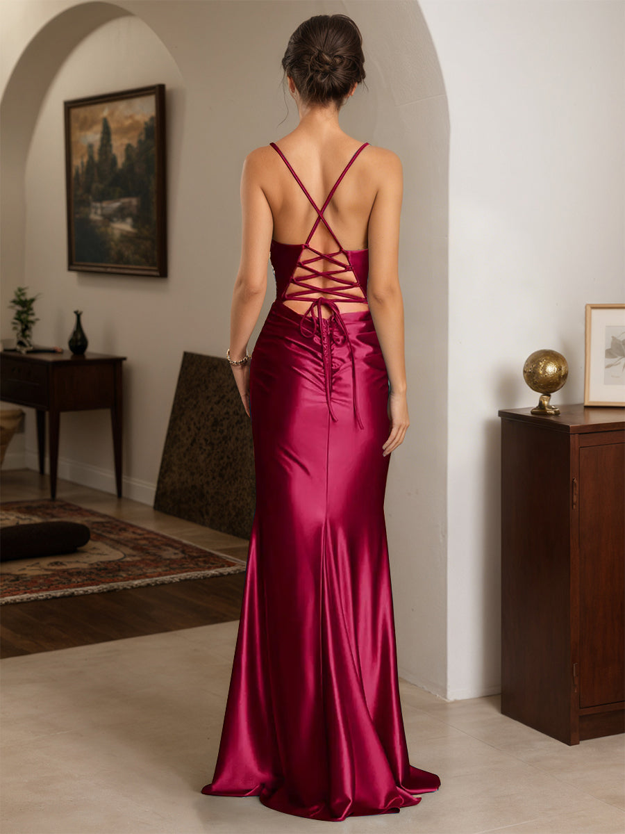 Cicinia Burgundy Prom Dresses Long Stretch Satin Sheath Spaghetti Straps Backless Chic