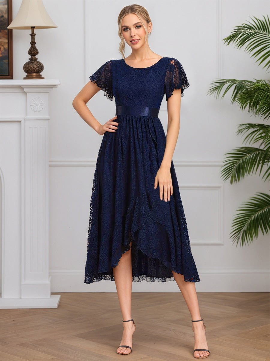 Cicinia Navy Blue Mother Of The Bride Dress Long Lace A-line Tea Length Short Sleeves