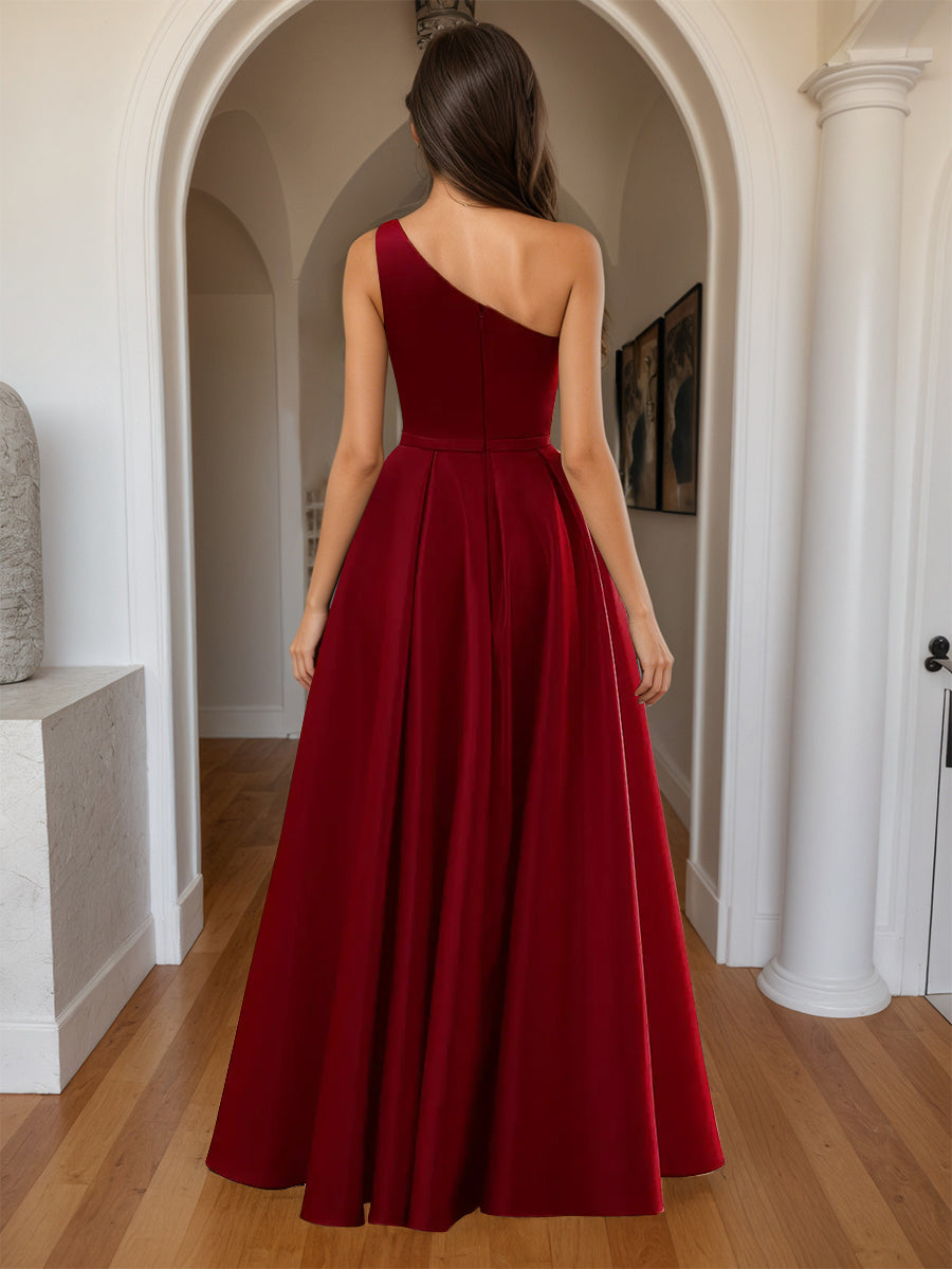 Cicinia Burgundy Prom Dresses Long A-line Satin Slit One Shoulder Floor Length Gowns