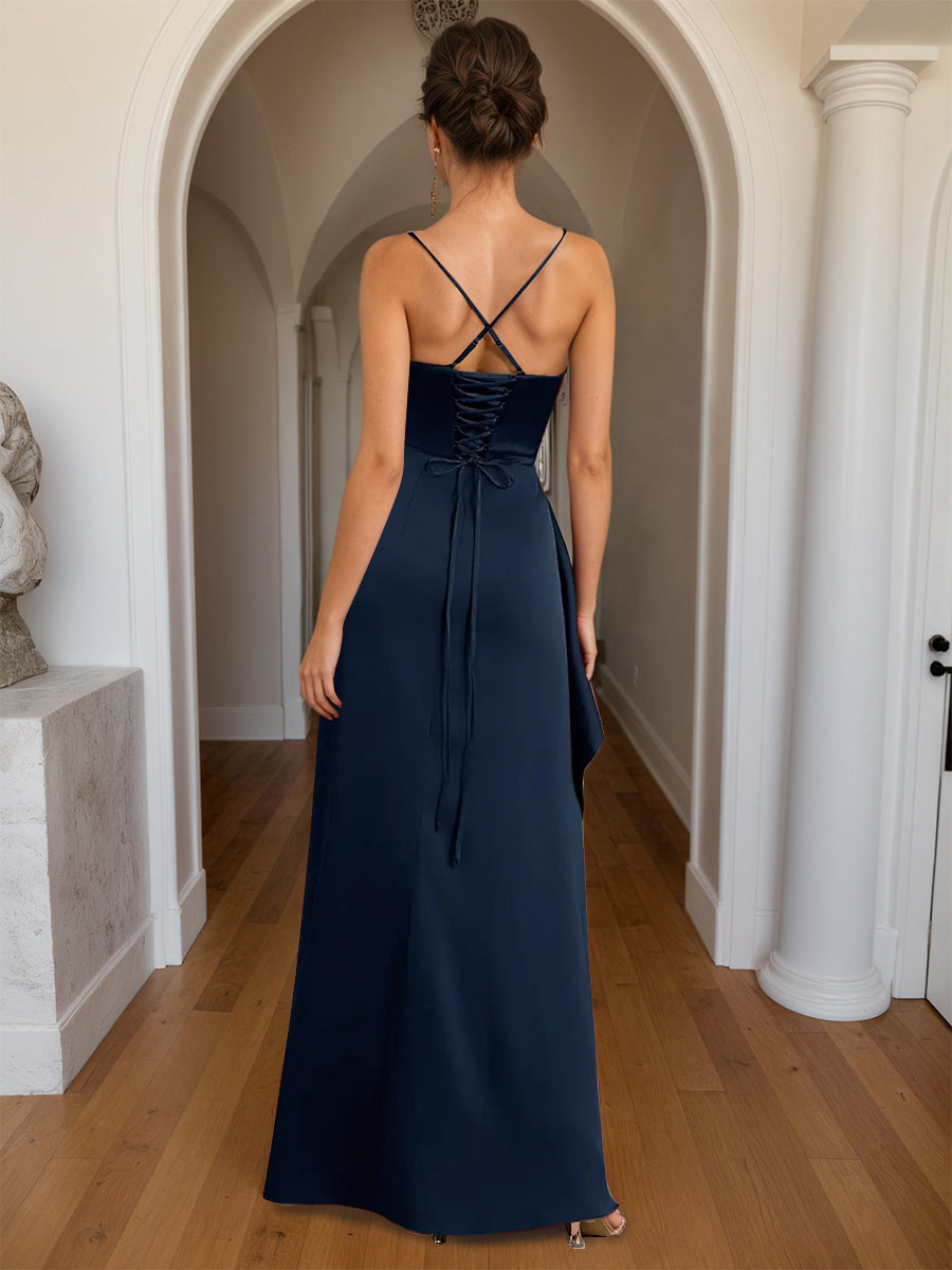 Cicinia Dark Navy Prom Dresses Long Sheath Slit Spaghetti Straps Floor Length