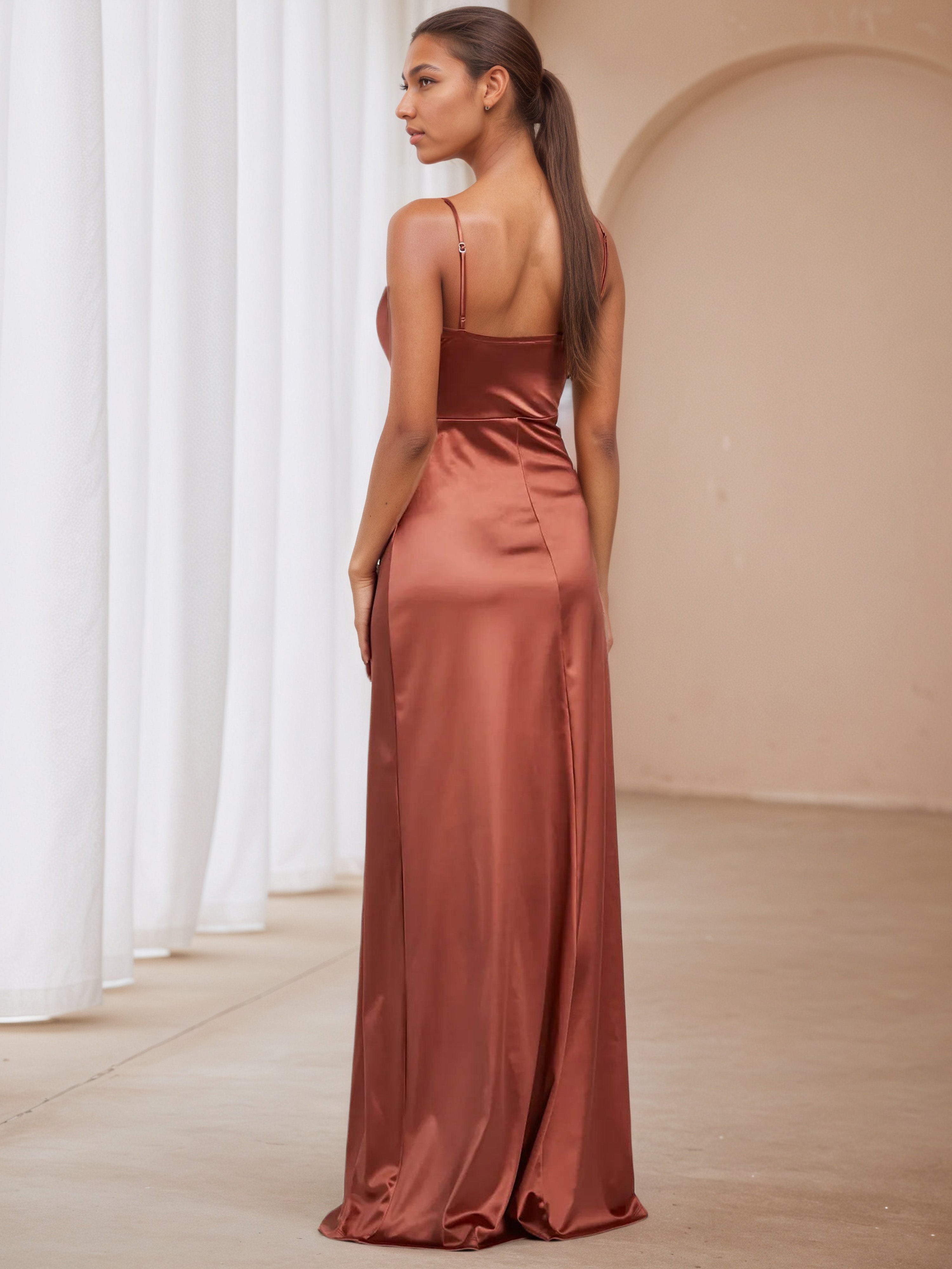 Terracotta Spaghetti Straps V-Neck Wedding Guest Dress with Split